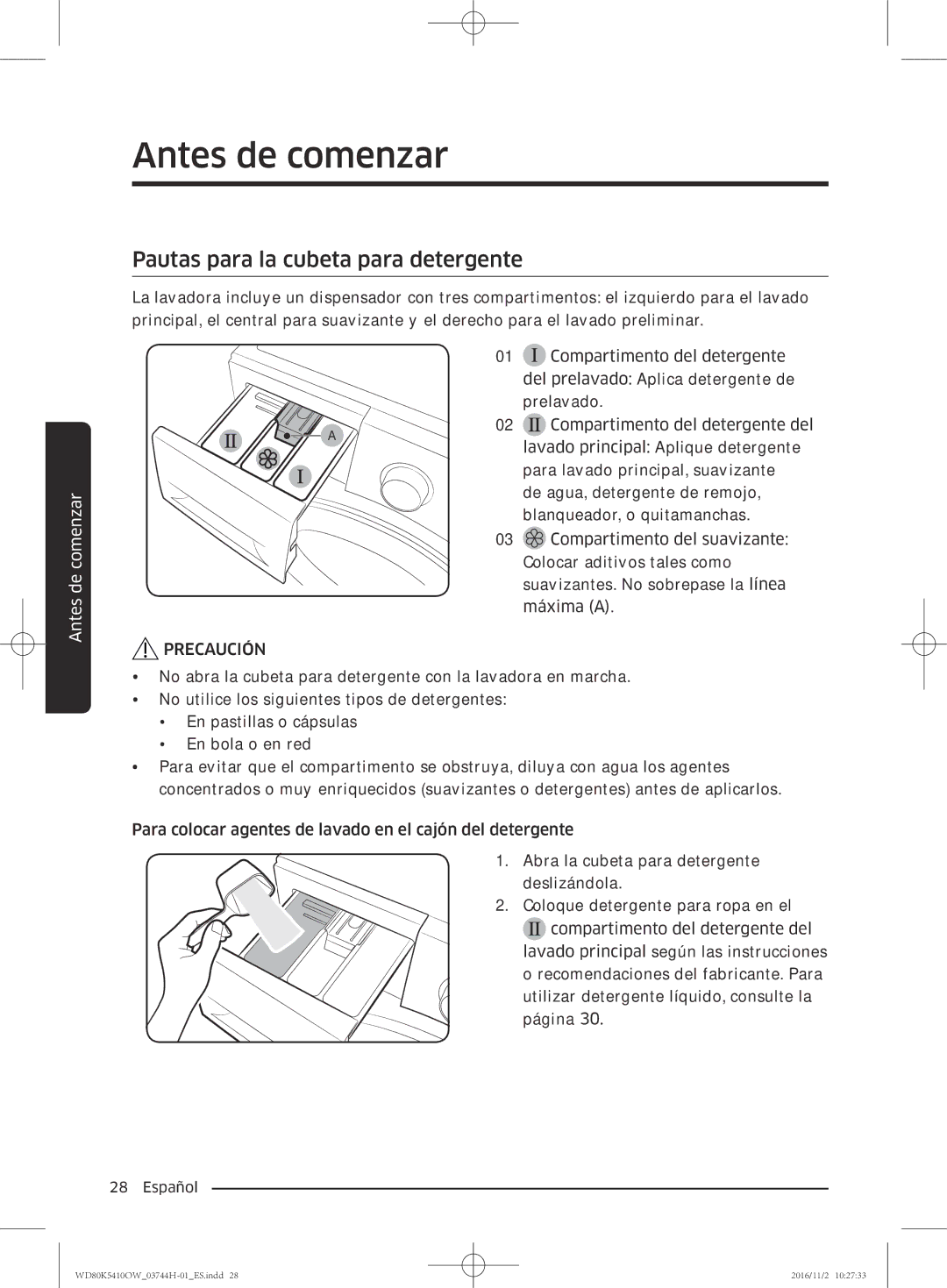 Samsung WD80K5410OW/EC manual Pautas para la cubeta para detergente 