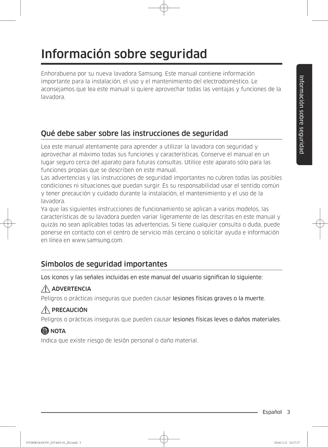 Samsung WD80K5410OW/EC manual Información sobre seguridad, Qué debe saber sobre las instrucciones de seguridad 