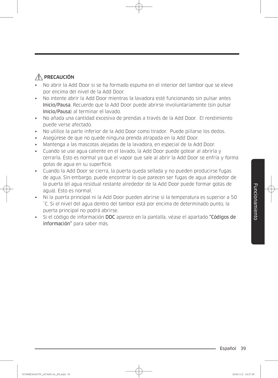 Samsung WD80K5410OW/EC manual Precaución 