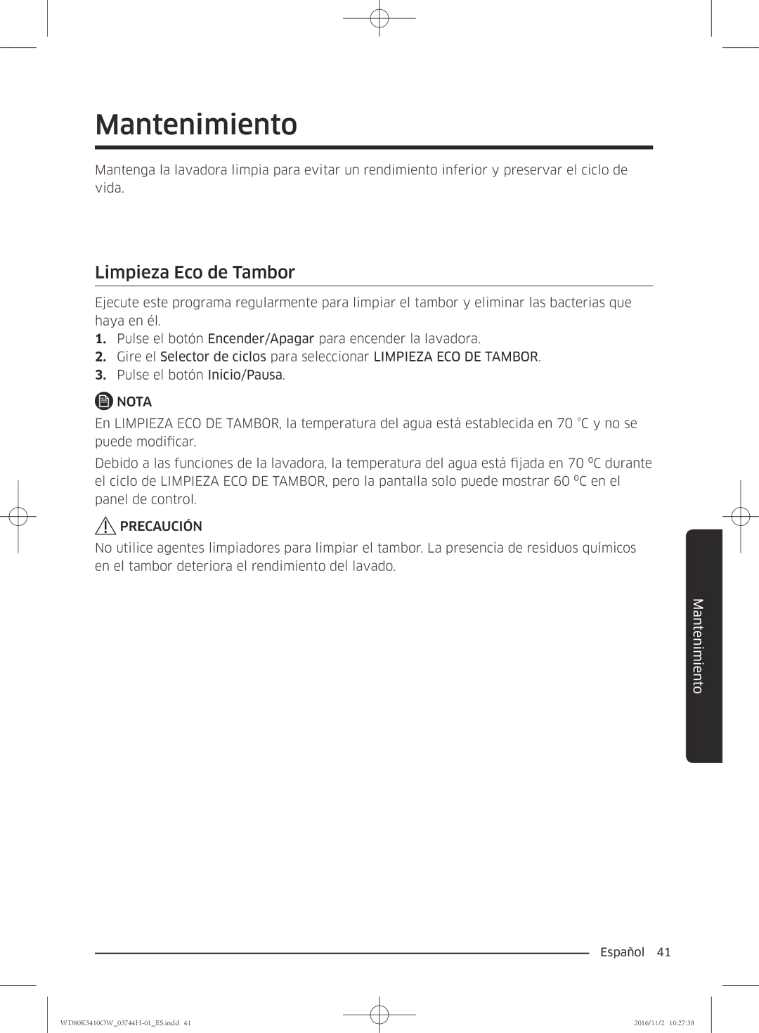 Samsung WD80K5410OW/EC manual Mantenimiento, Limpieza Eco de Tambor 