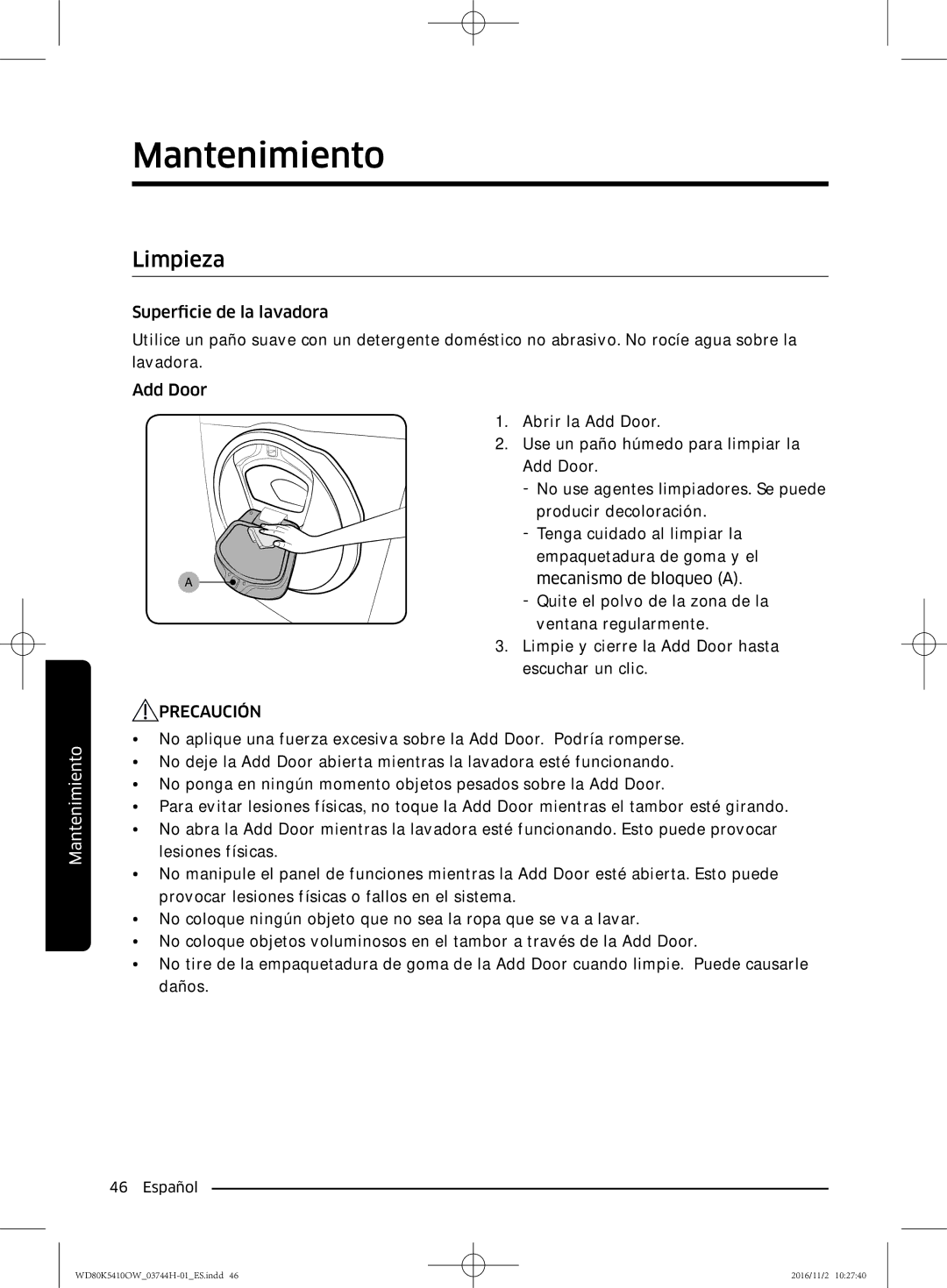 Samsung WD80K5410OW/EC manual Limpieza 