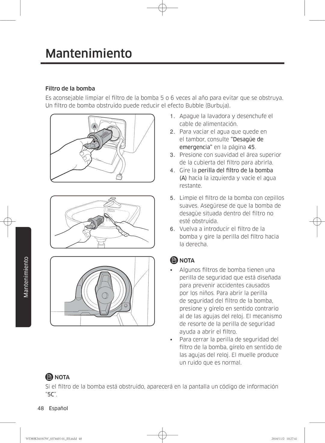 Samsung WD80K5410OW/EC manual Algunos filtros de bomba tienen una 