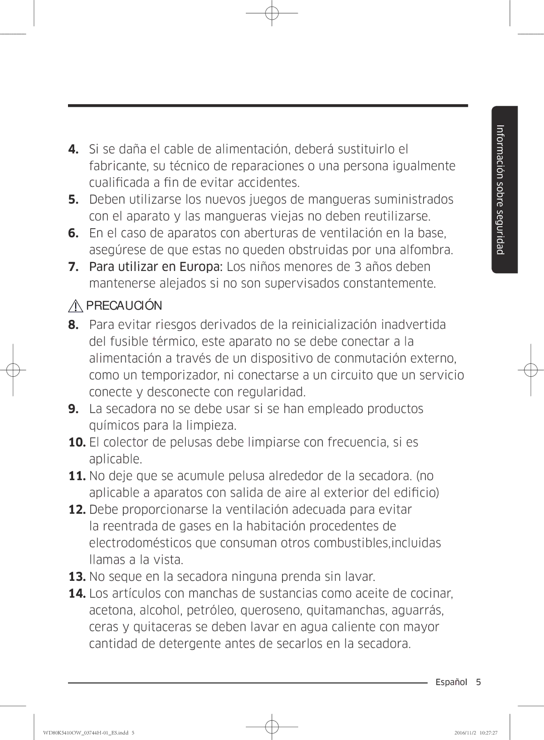 Samsung WD80K5410OW/EC manual Precaución 