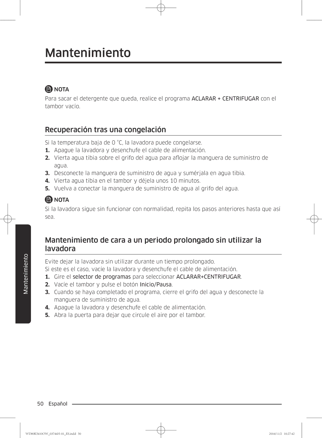 Samsung WD80K5410OW/EC manual Recuperación tras una congelación 