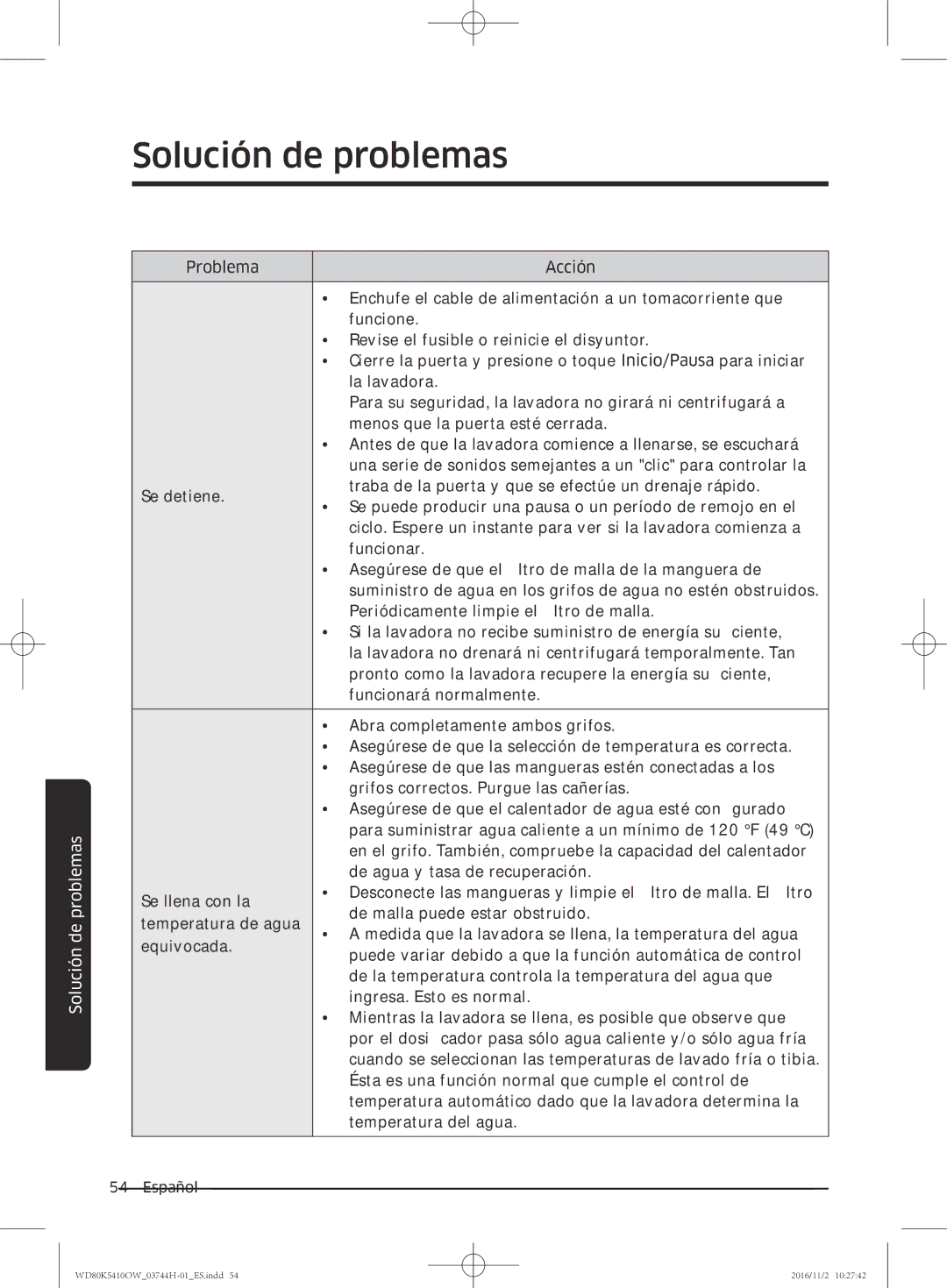 Samsung WD80K5410OW/EC manual Solución de problemas 