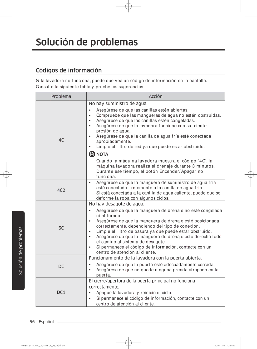 Samsung WD80K5410OW/EC manual Códigos de información, DC1 