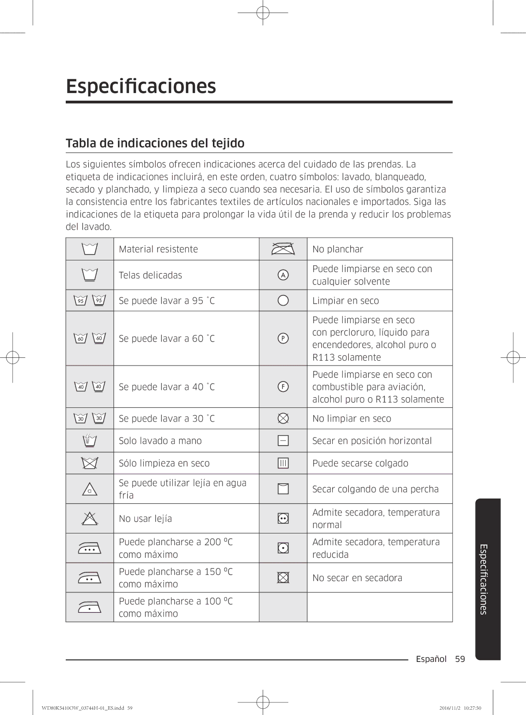 Samsung WD80K5410OW/EC manual Especificaciones, Tabla de indicaciones del tejido 