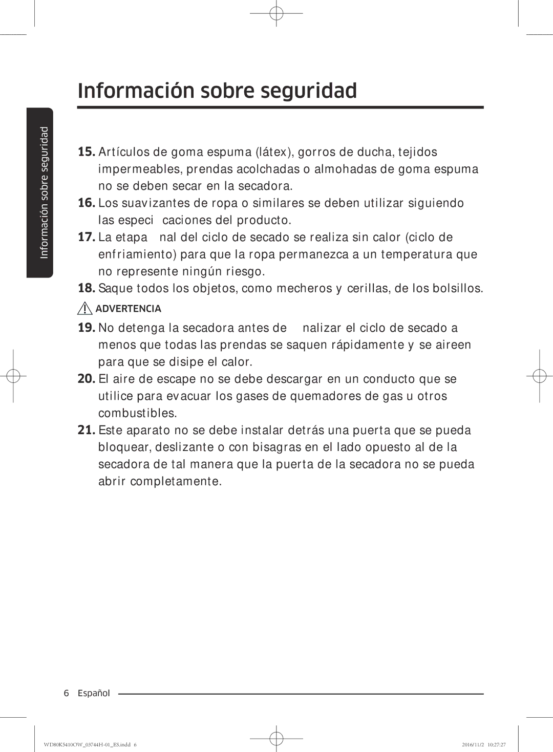 Samsung WD80K5410OW/EC manual Información sobre seguridad 