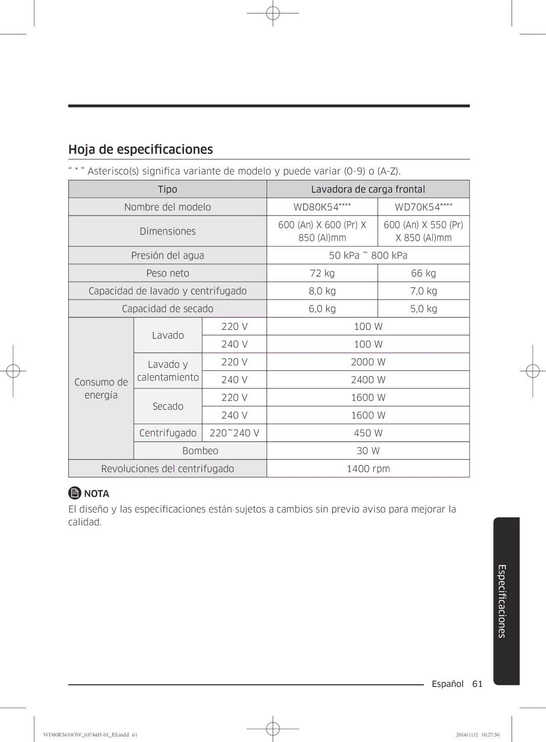 Samsung WD80K5410OW/EC manual Hoja de especificaciones 