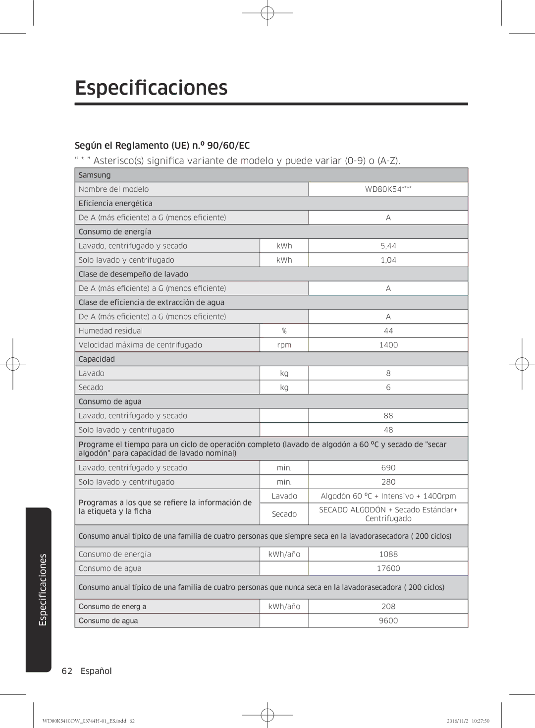 Samsung WD80K5410OW/EC manual Centrifugado 