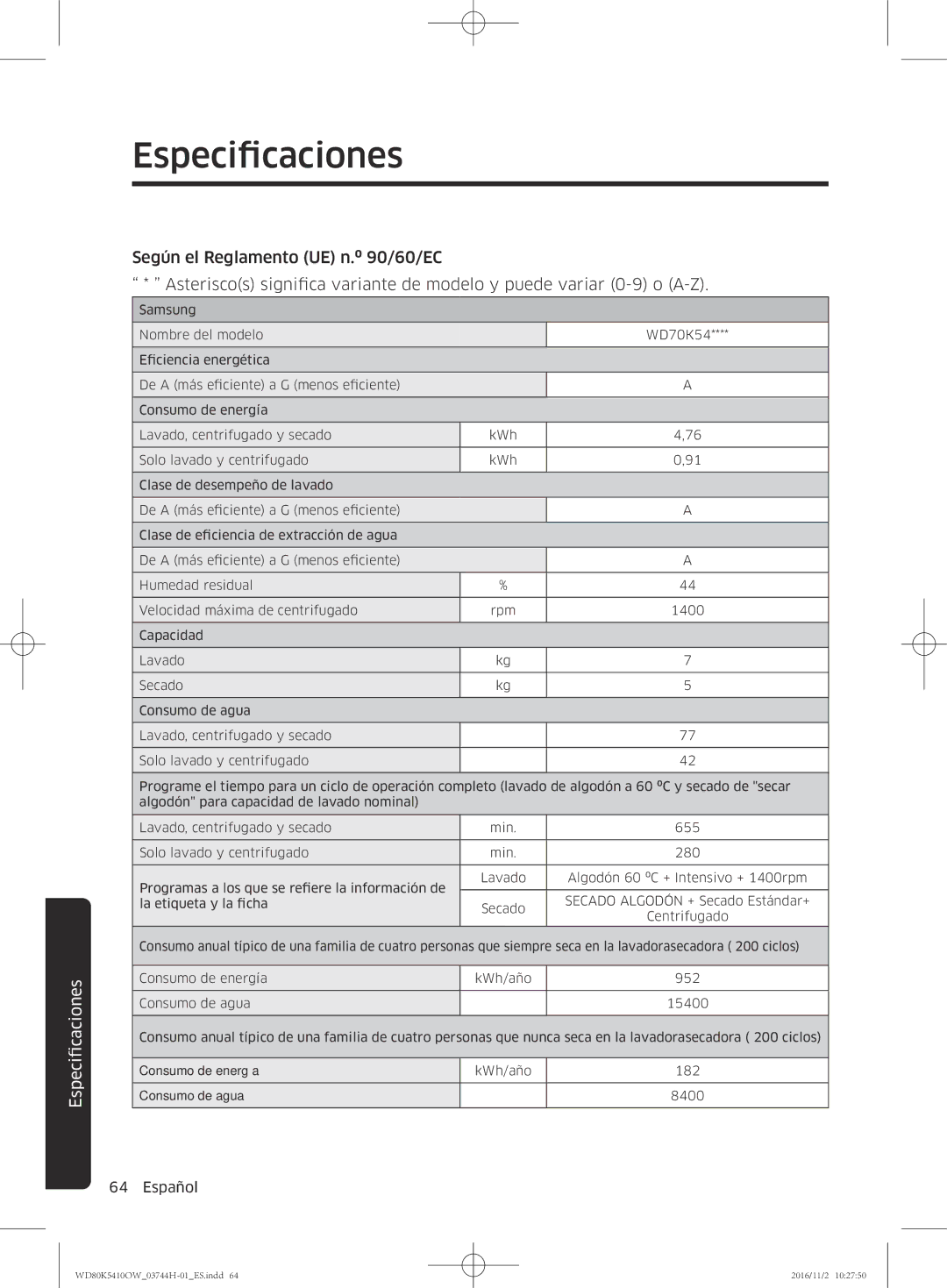 Samsung WD80K5410OW/EC manual Especificaciones 