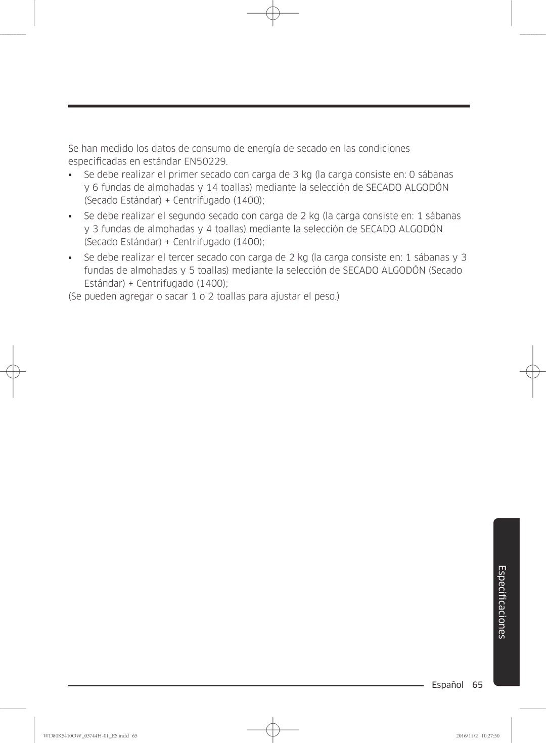 Samsung WD80K5410OW/EC manual FicacionesEspeci 