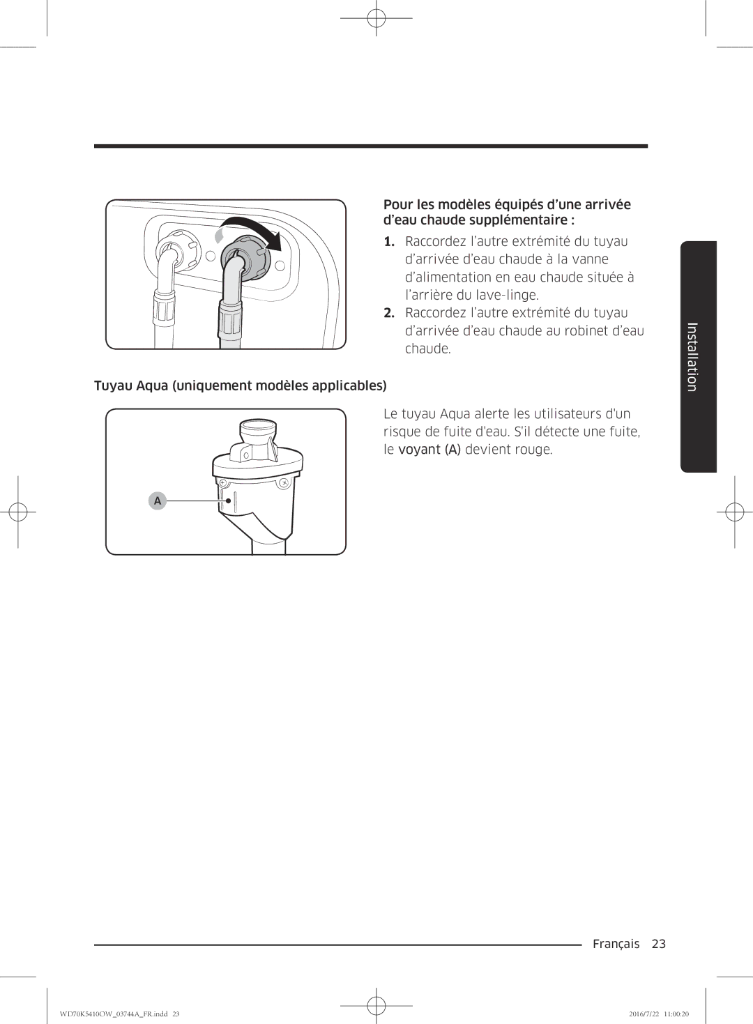 Samsung WD80K5410OX/EF, WD80K5410OW/EF, WD70K5410OW/EF, WD90K5410OW/EF manual Installation 