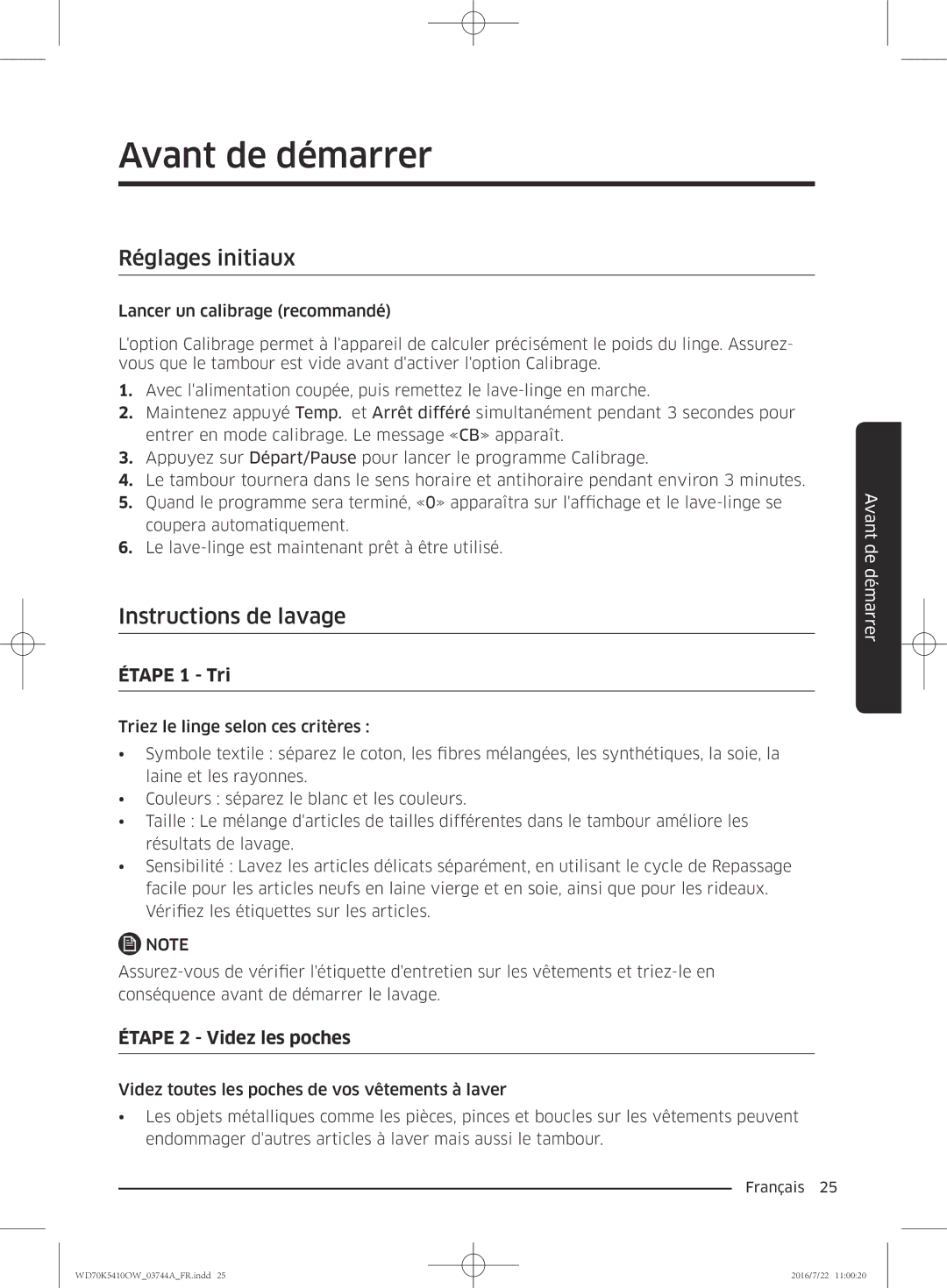 Samsung WD70K5410OW/EF, WD80K5410OW/EF, WD90K5410OW/EF manual Avant de démarrer, Réglages initiaux, Instructions de lavage 