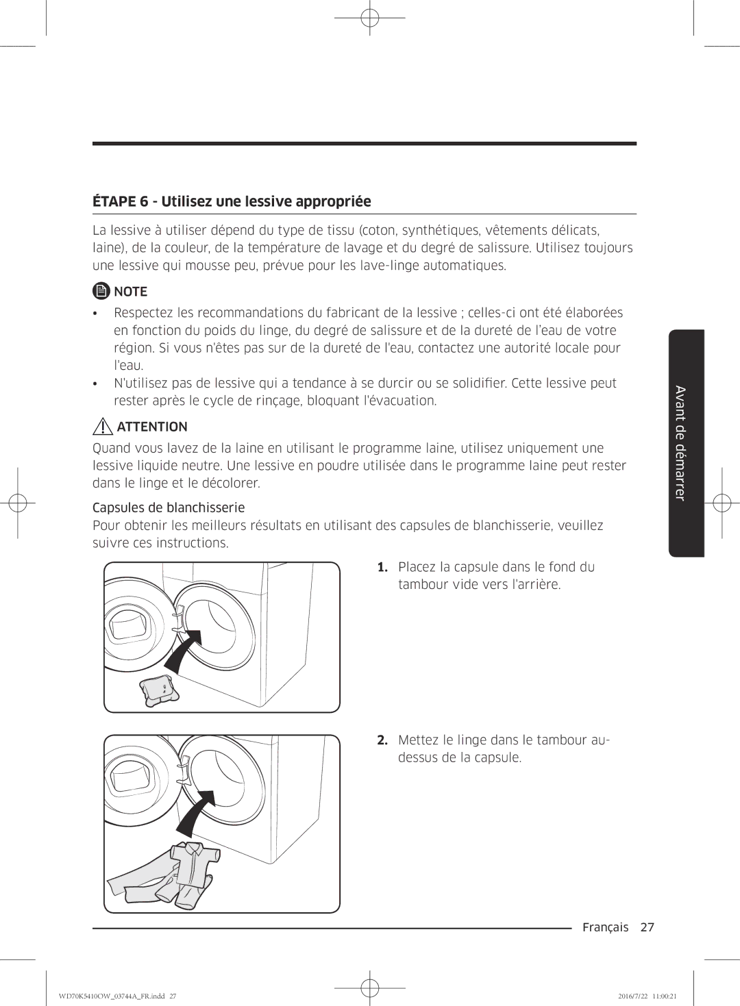 Samsung WD80K5410OX/EF, WD80K5410OW/EF, WD70K5410OW/EF, WD90K5410OW/EF manual Étape 6 Utilisez une lessive appropriée 