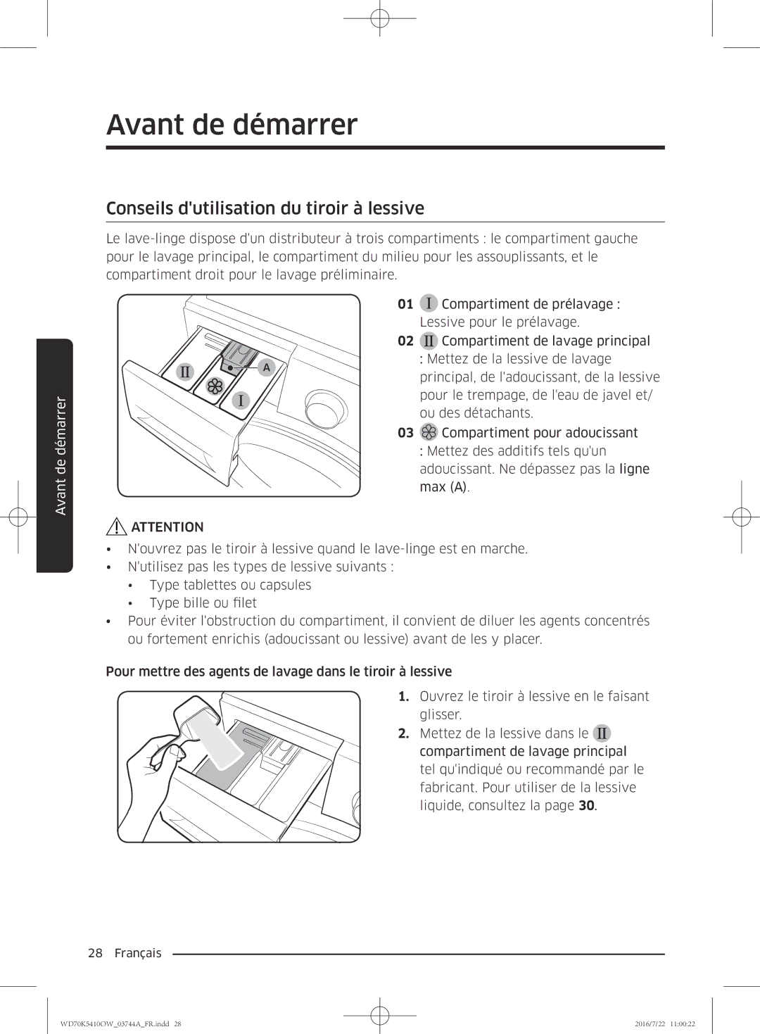 Samsung WD80K5410OW/EF, WD70K5410OW/EF, WD90K5410OW/EF, WD80K5410OX/EF manual Conseils dutilisation du tiroir à lessive 