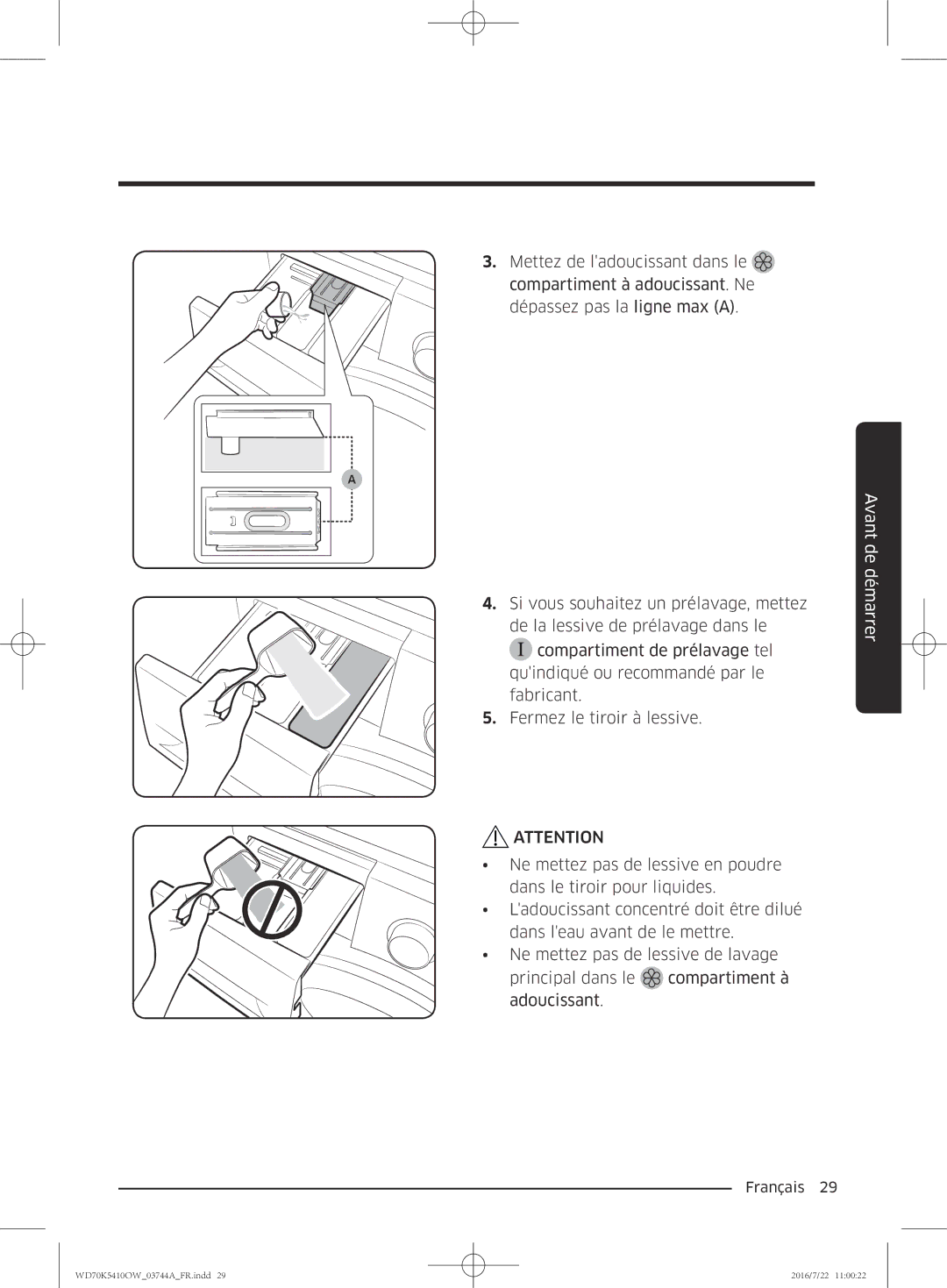 Samsung WD70K5410OW/EF, WD80K5410OW/EF, WD90K5410OW/EF, WD80K5410OX/EF manual Avant de démarrer 