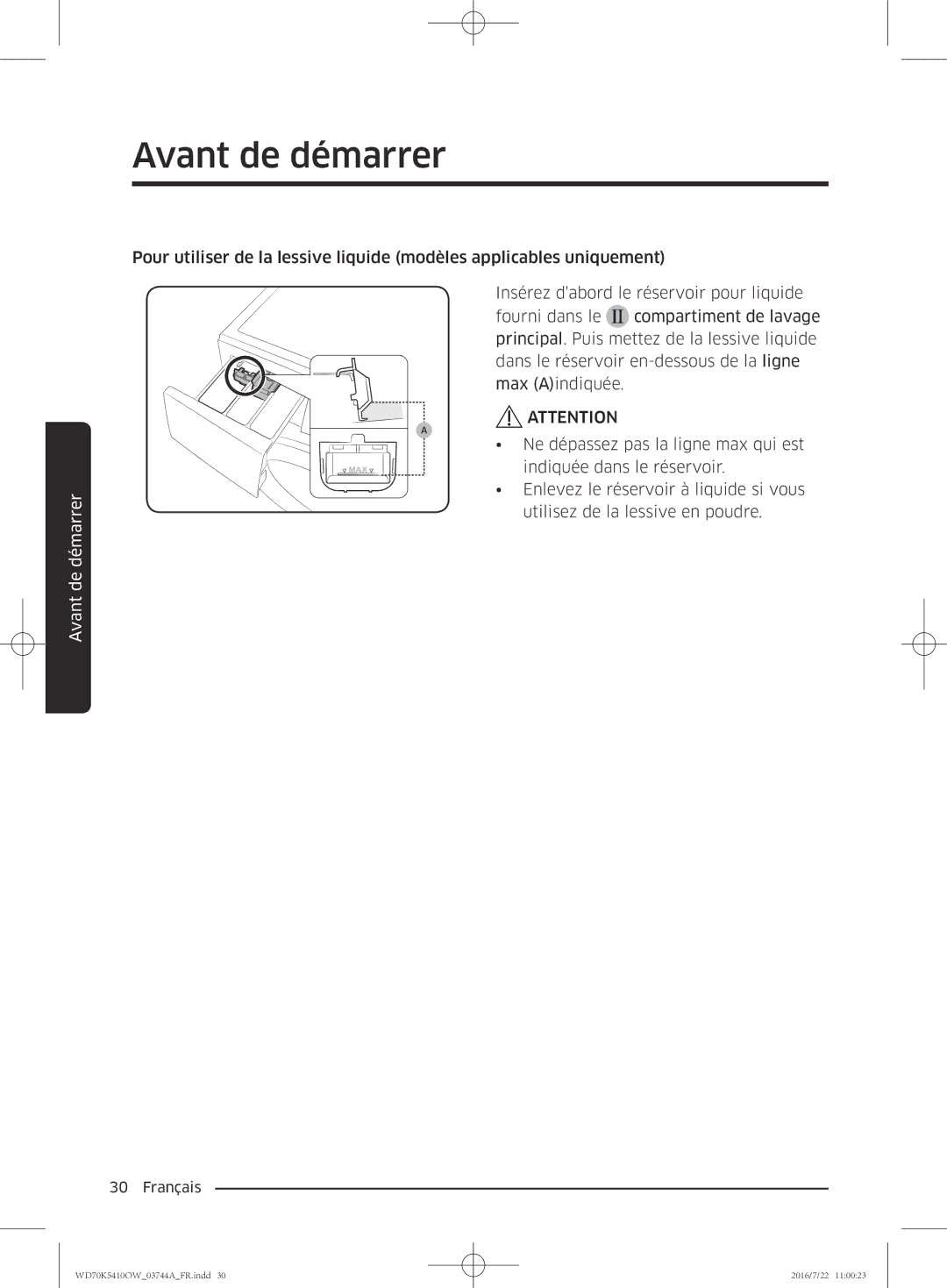 Samsung WD90K5410OW/EF, WD80K5410OW/EF, WD70K5410OW/EF, WD80K5410OX/EF manual Avant de démarrer 