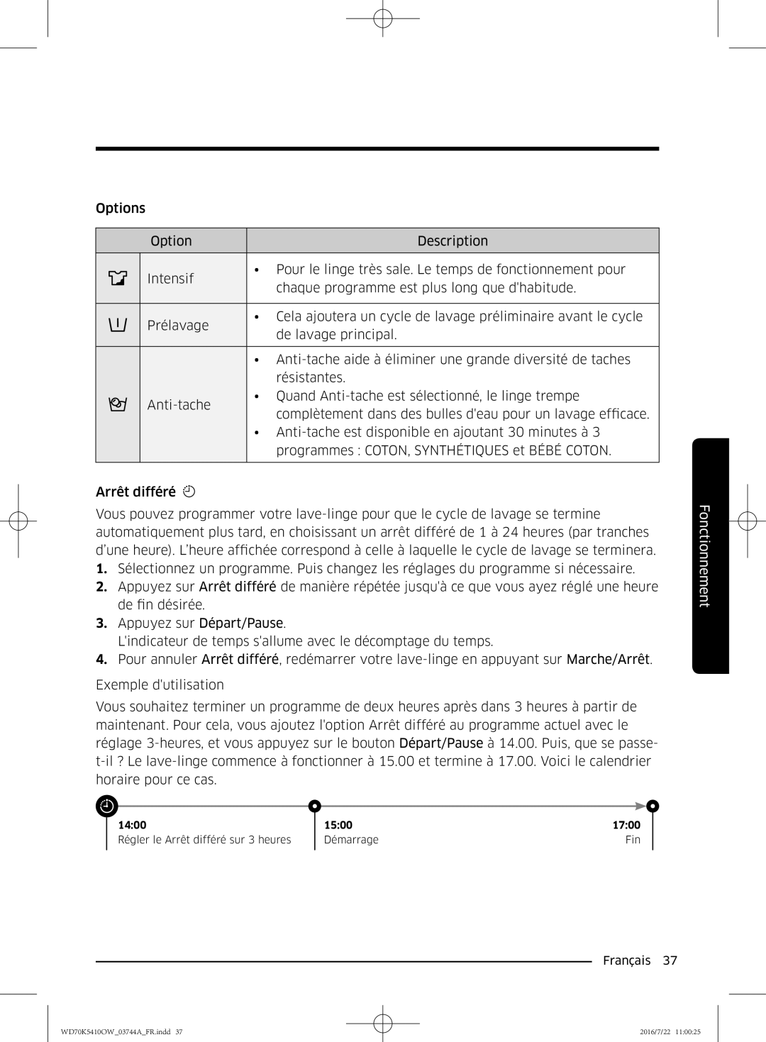 Samsung WD70K5410OW/EF, WD80K5410OW/EF, WD90K5410OW/EF, WD80K5410OX/EF manual Fonctionnement 