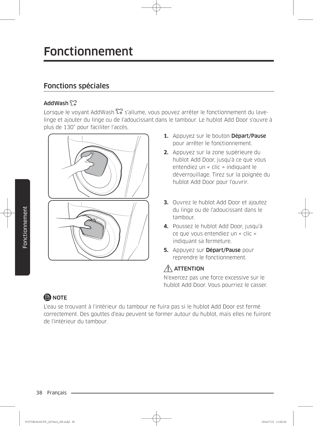 Samsung WD90K5410OW/EF, WD80K5410OW/EF, WD70K5410OW/EF, WD80K5410OX/EF manual Fonctions spéciales 