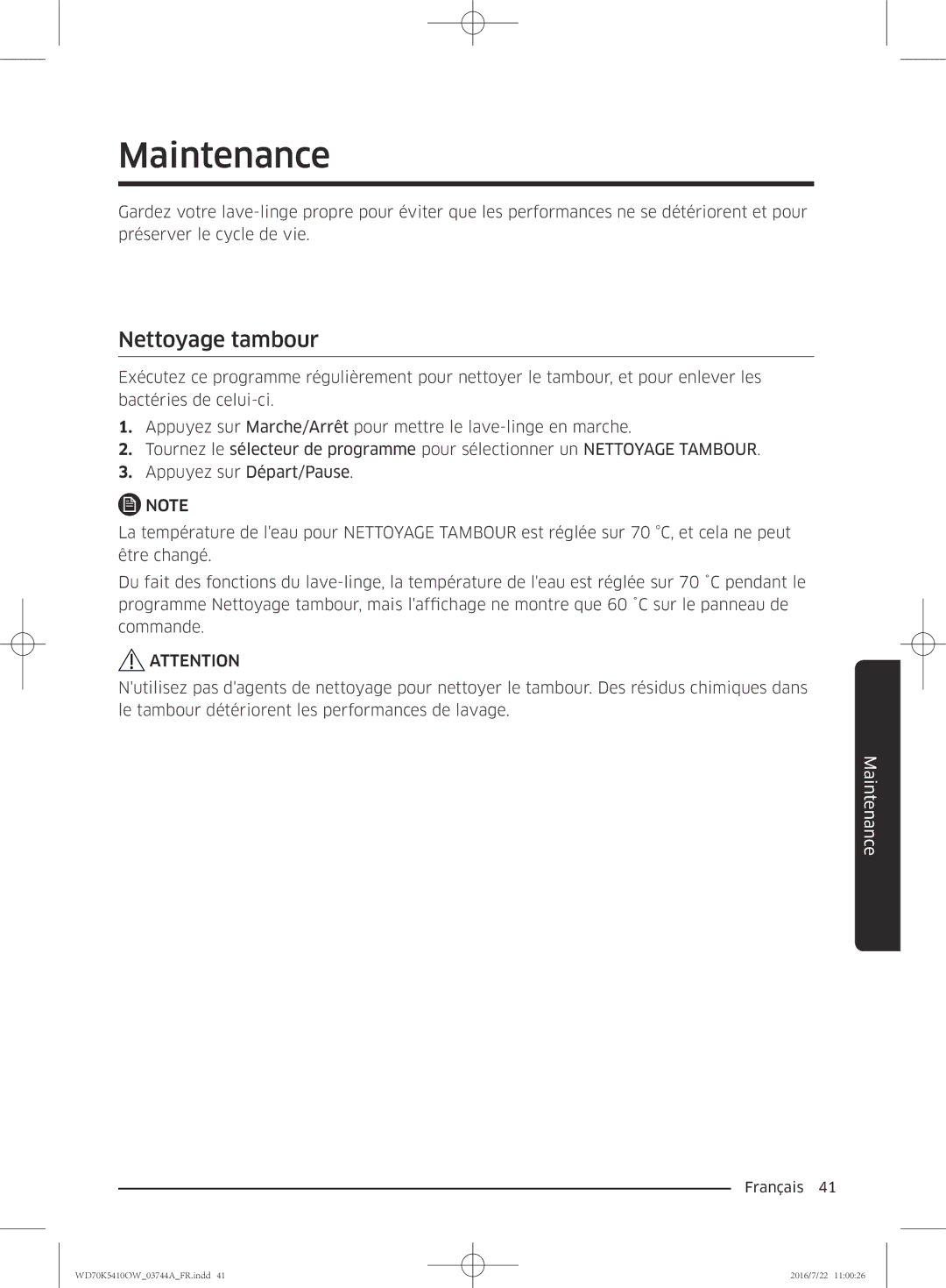 Samsung WD70K5410OW/EF, WD80K5410OW/EF, WD90K5410OW/EF, WD80K5410OX/EF manual Maintenance, Nettoyage tambour 