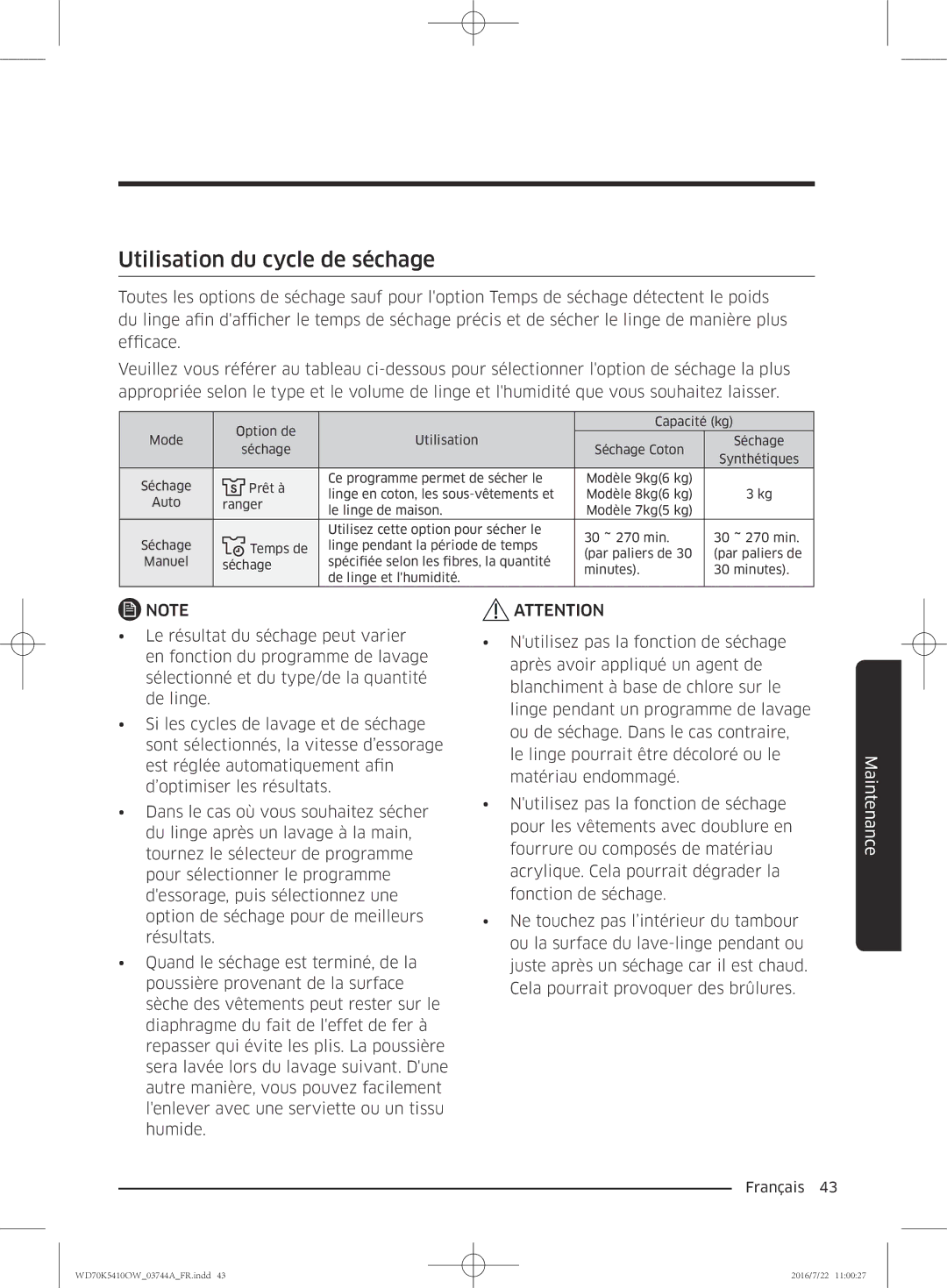 Samsung WD80K5410OX/EF, WD80K5410OW/EF, WD70K5410OW/EF, WD90K5410OW/EF manual Utilisation du cycle de séchage 