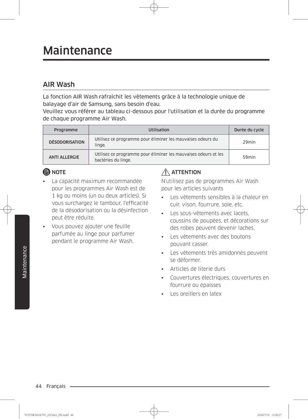 Samsung WD80K5410OW/EF, WD70K5410OW/EF, WD90K5410OW/EF, WD80K5410OX/EF manual AIR Wash 