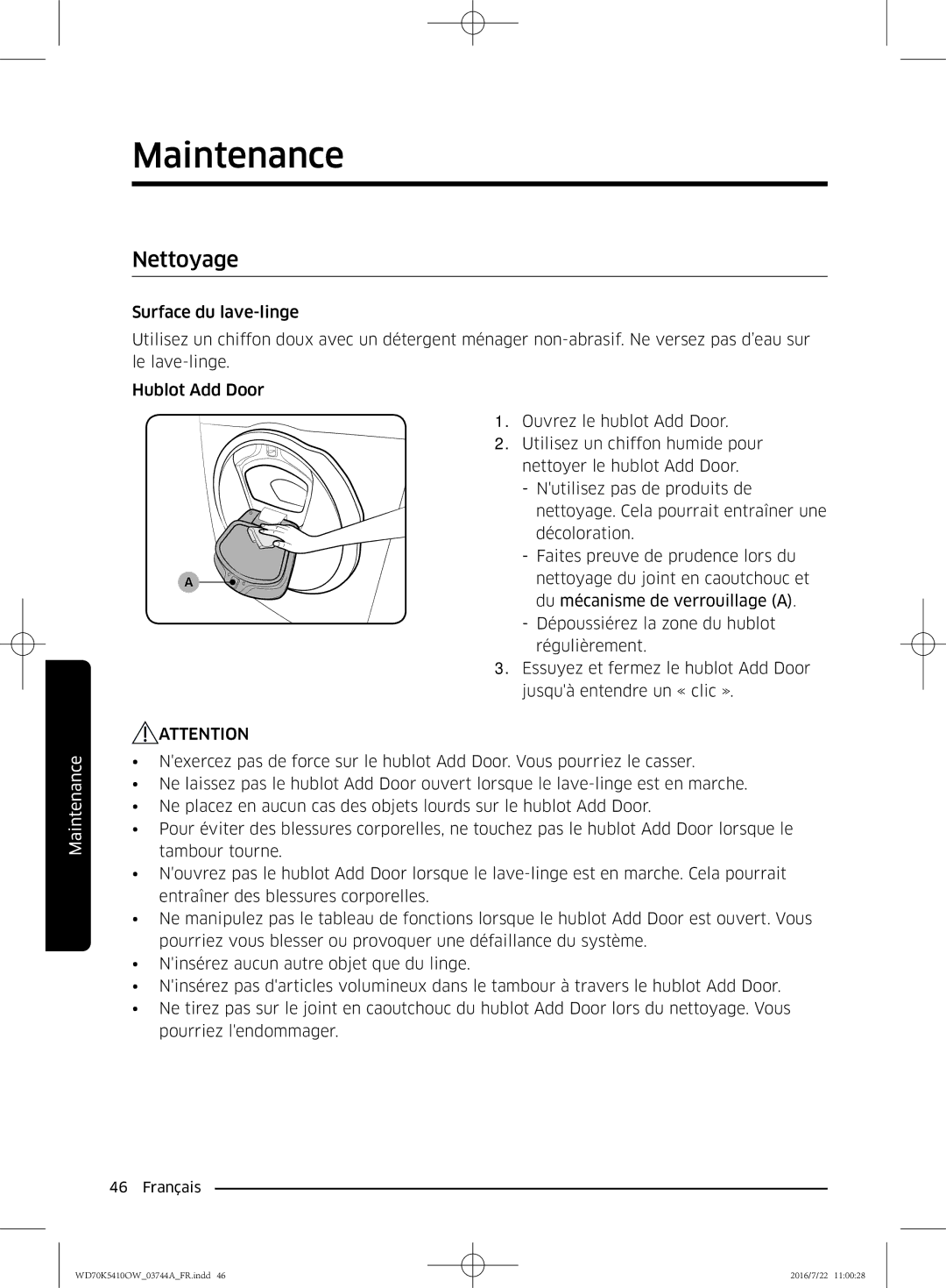 Samsung WD90K5410OW/EF, WD80K5410OW/EF, WD70K5410OW/EF, WD80K5410OX/EF manual Nettoyage 