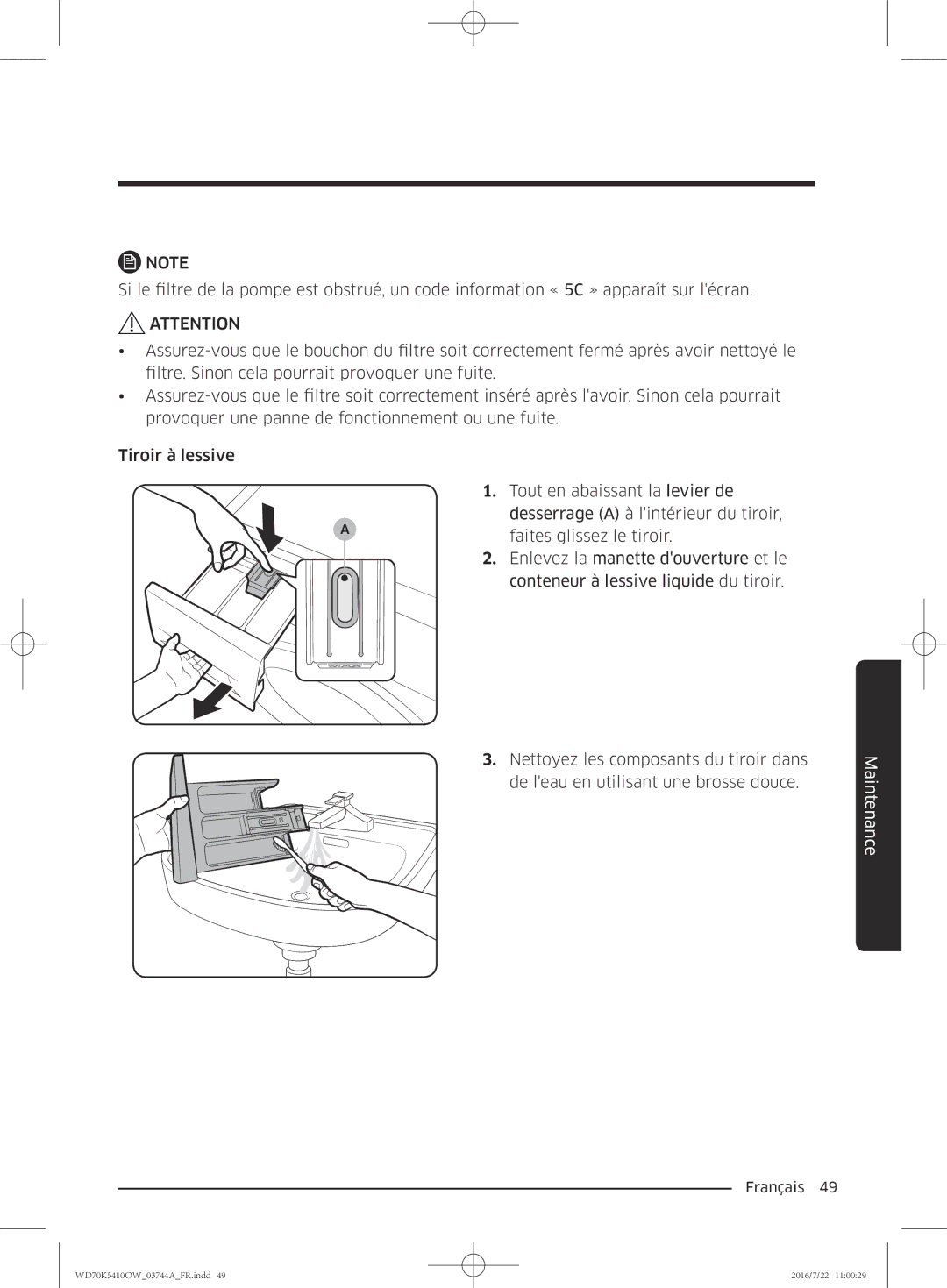 Samsung WD70K5410OW/EF, WD80K5410OW/EF, WD90K5410OW/EF, WD80K5410OX/EF manual Maintenance 