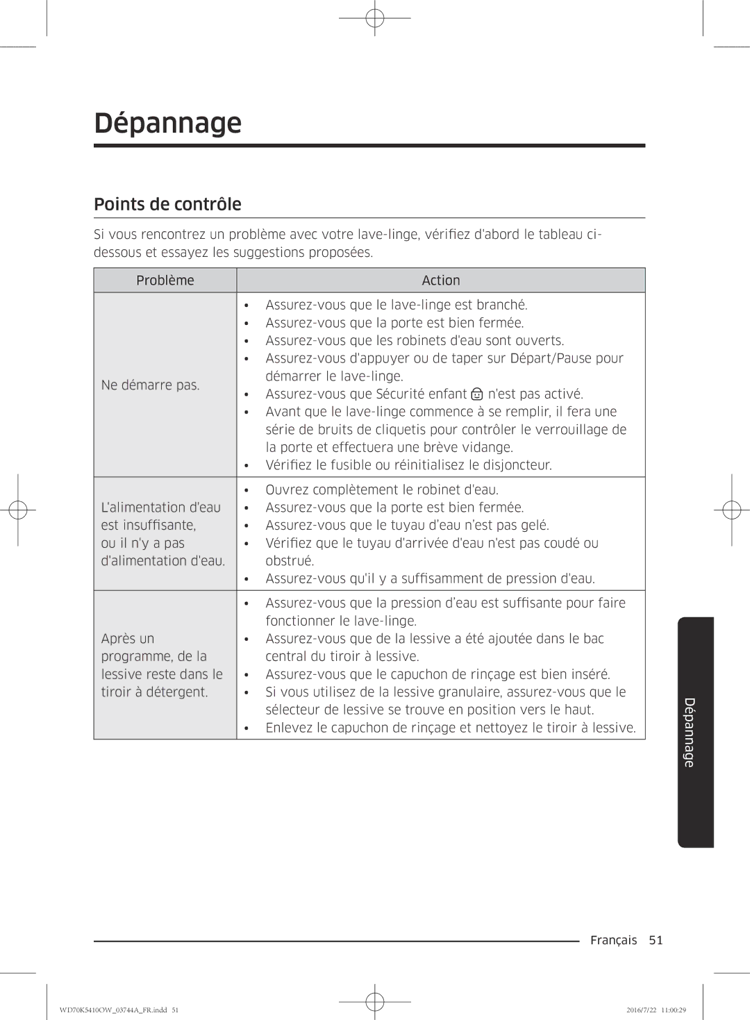 Samsung WD80K5410OX/EF, WD80K5410OW/EF, WD70K5410OW/EF, WD90K5410OW/EF manual Dépannage, Points de contrôle 