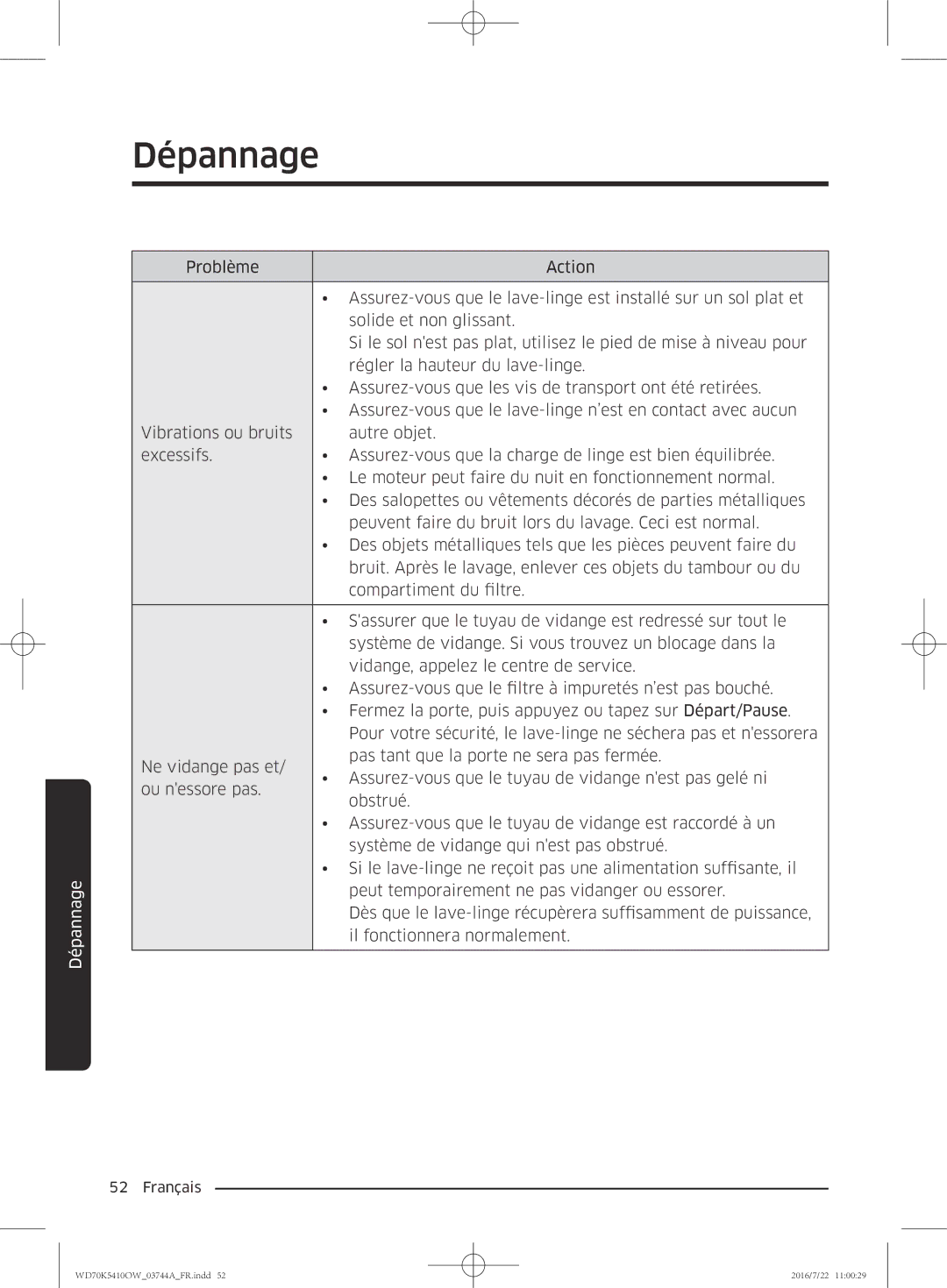 Samsung WD80K5410OW/EF, WD70K5410OW/EF, WD90K5410OW/EF, WD80K5410OX/EF manual Dépannage 