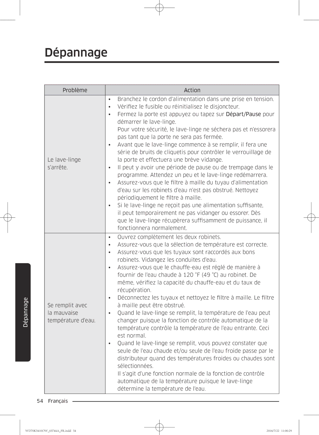 Samsung WD90K5410OW/EF, WD80K5410OW/EF, WD70K5410OW/EF, WD80K5410OX/EF manual Dépannage 