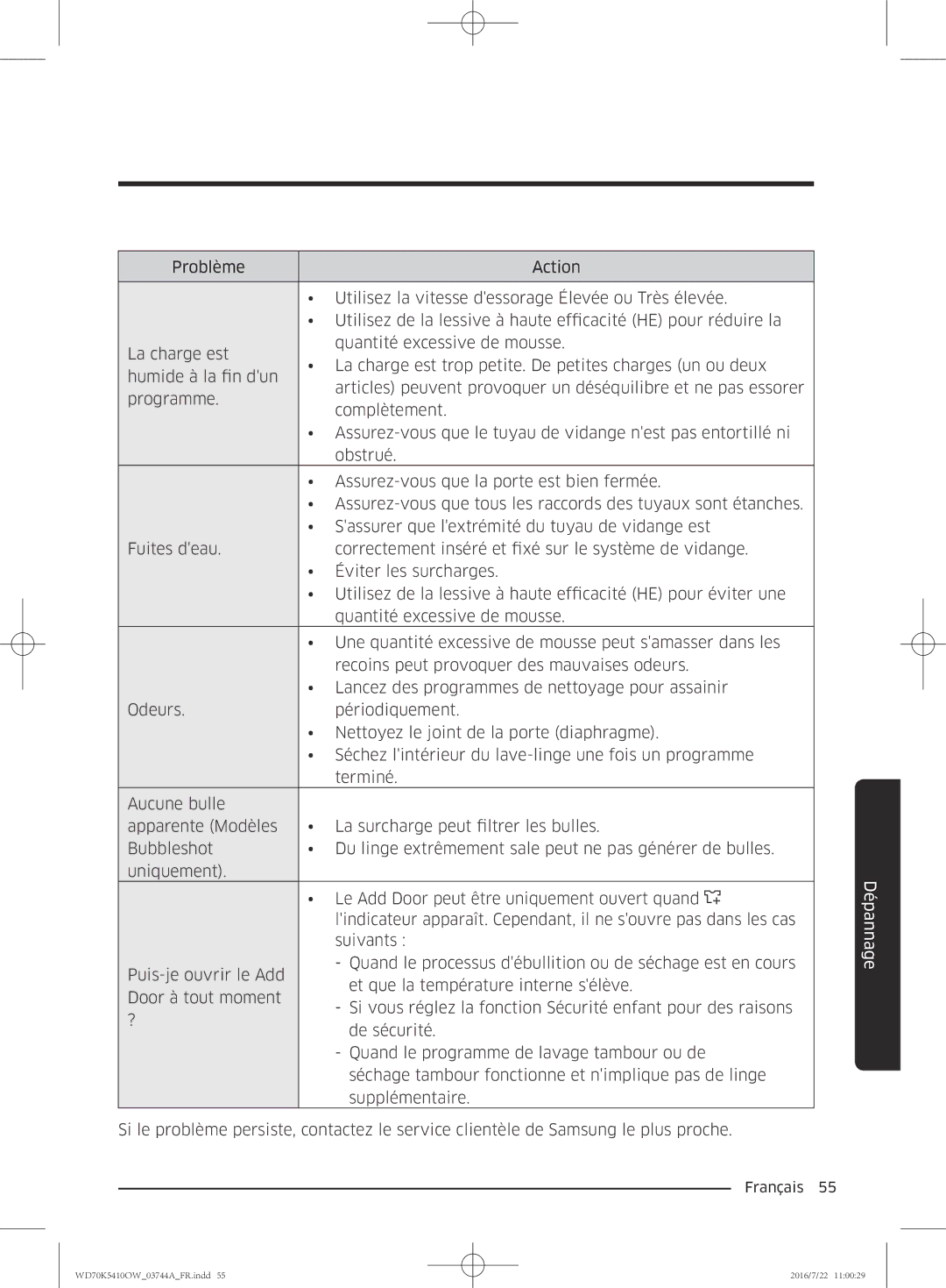 Samsung WD80K5410OX/EF, WD80K5410OW/EF, WD70K5410OW/EF, WD90K5410OW/EF manual Dépannage 