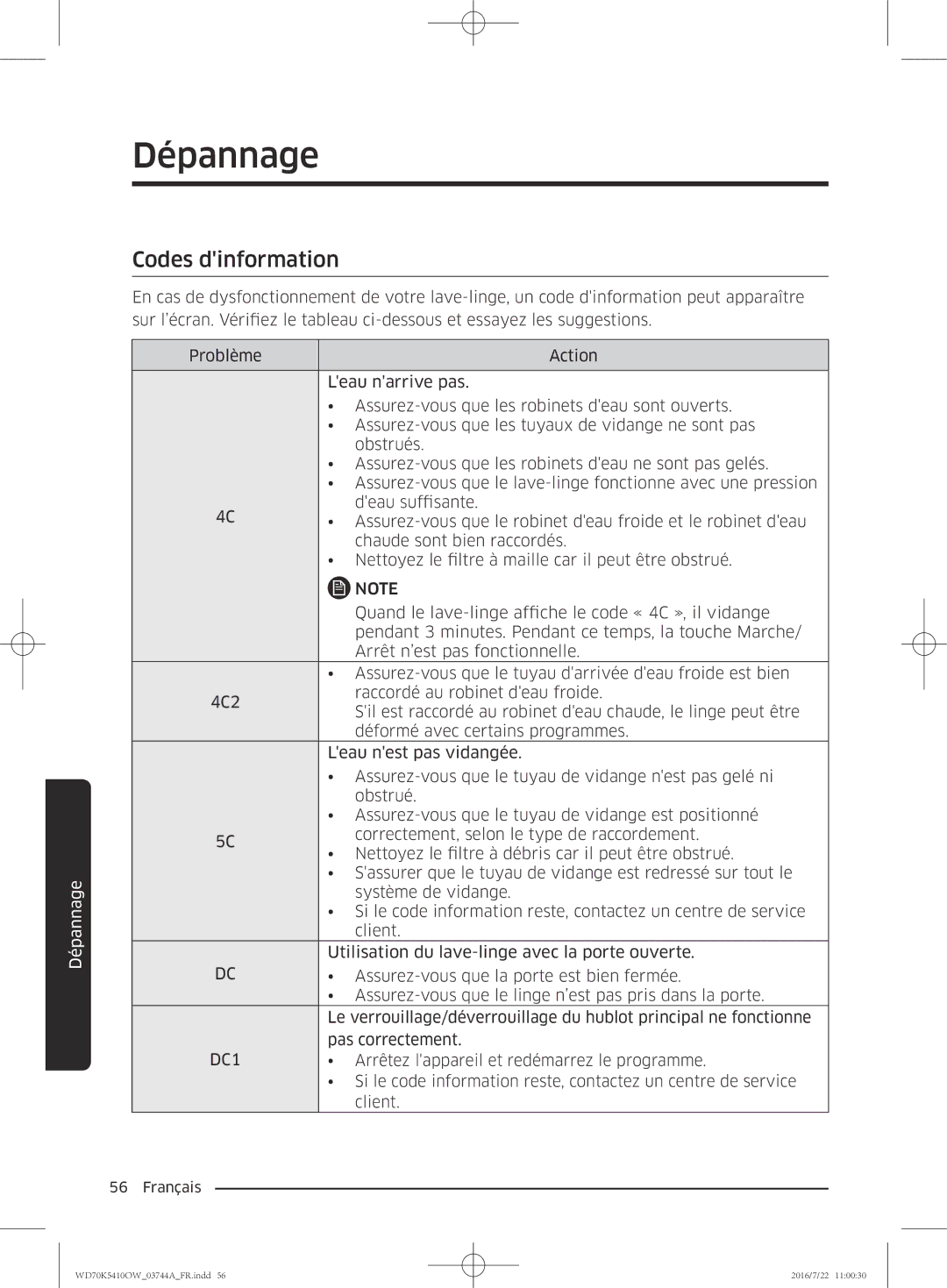 Samsung WD80K5410OW/EF, WD70K5410OW/EF, WD90K5410OW/EF, WD80K5410OX/EF manual Codes dinformation, DC1 