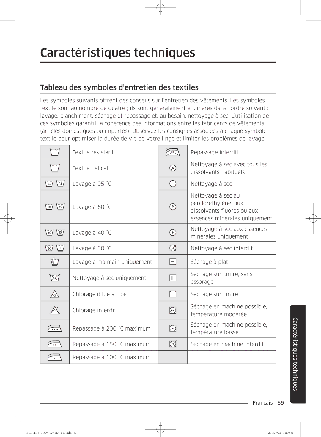 Samsung WD80K5410OX/EF, WD80K5410OW/EF manual Caractéristiques techniques, Tableau des symboles d’entretien des textiles 