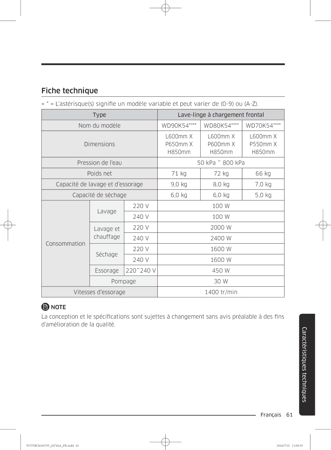 Samsung WD70K5410OW/EF, WD80K5410OW/EF, WD90K5410OW/EF, WD80K5410OX/EF manual Fiche technique 