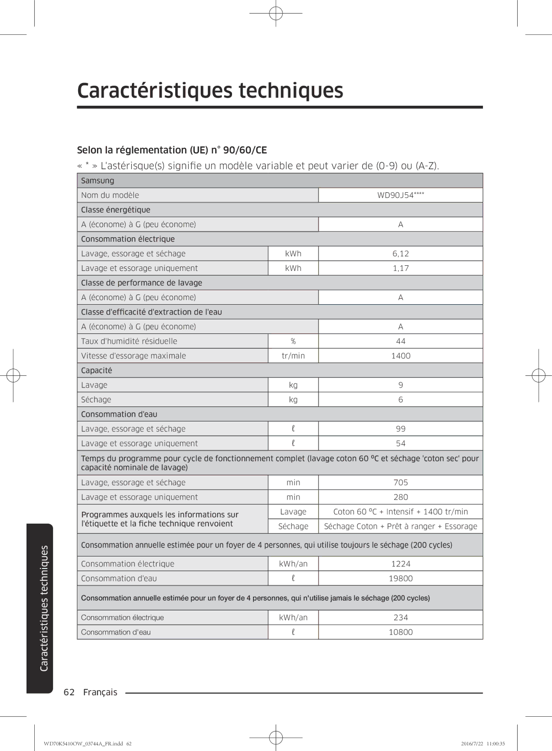 Samsung WD90K5410OW/EF, WD80K5410OW/EF, WD70K5410OW/EF, WD80K5410OX/EF manual Caractéristiques techniques 