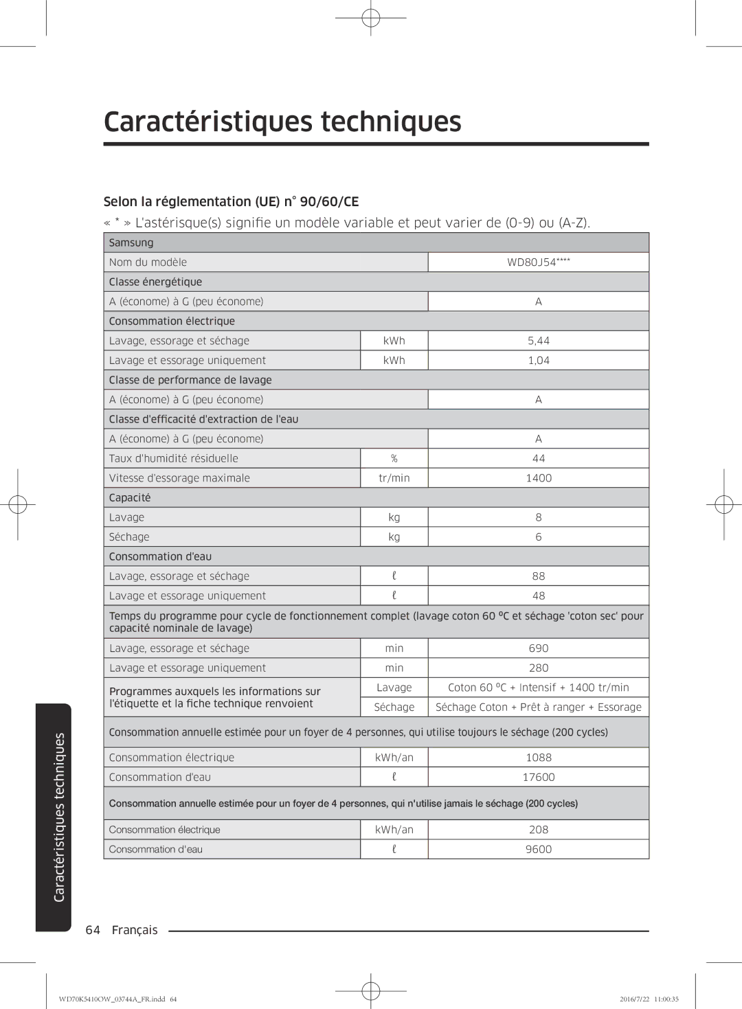 Samsung WD80K5410OW/EF, WD70K5410OW/EF, WD90K5410OW/EF, WD80K5410OX/EF manual Caractéristiques techniques 