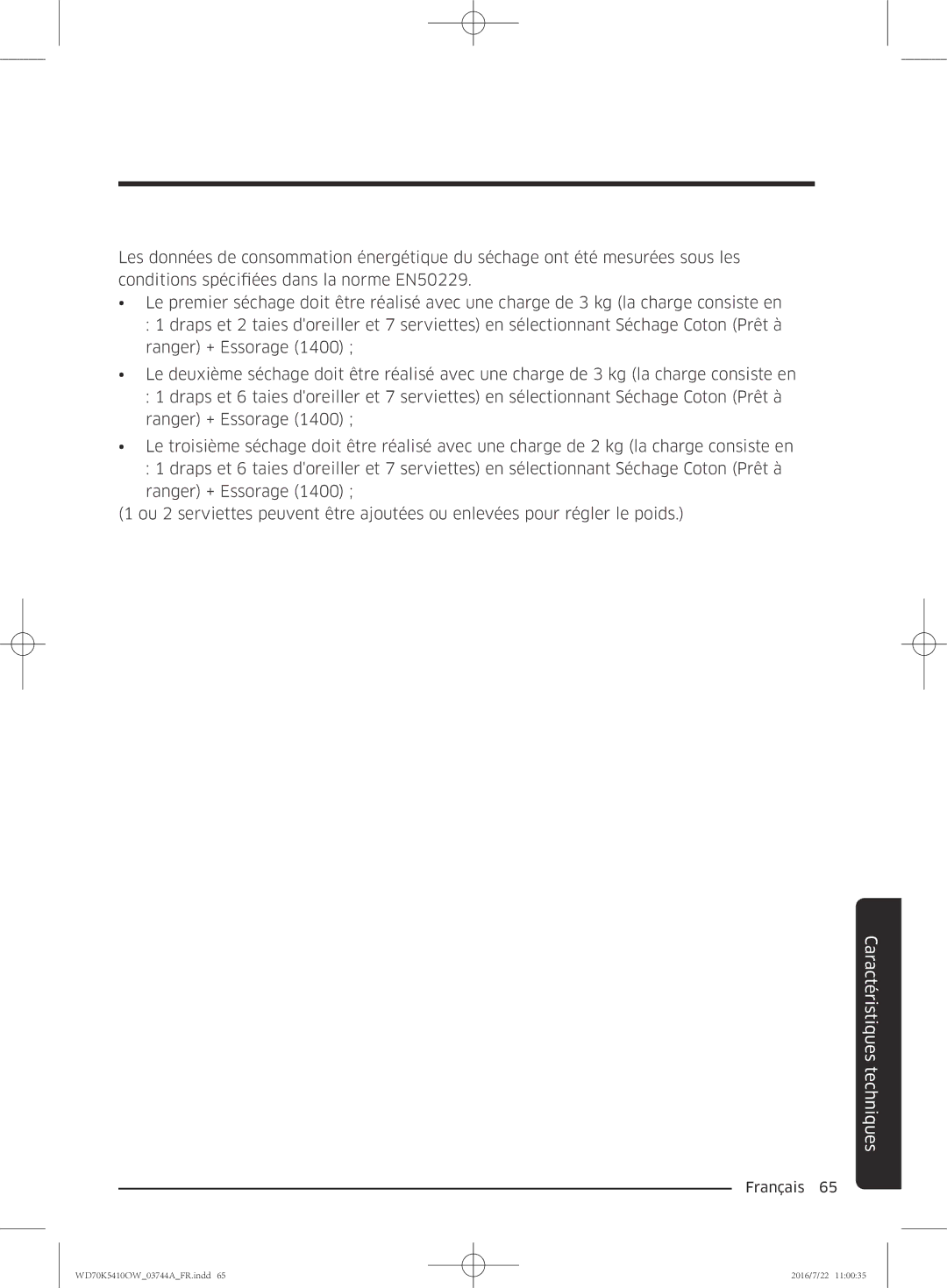 Samsung WD70K5410OW/EF, WD80K5410OW/EF, WD90K5410OW/EF, WD80K5410OX/EF manual Caractéristiques techniques 