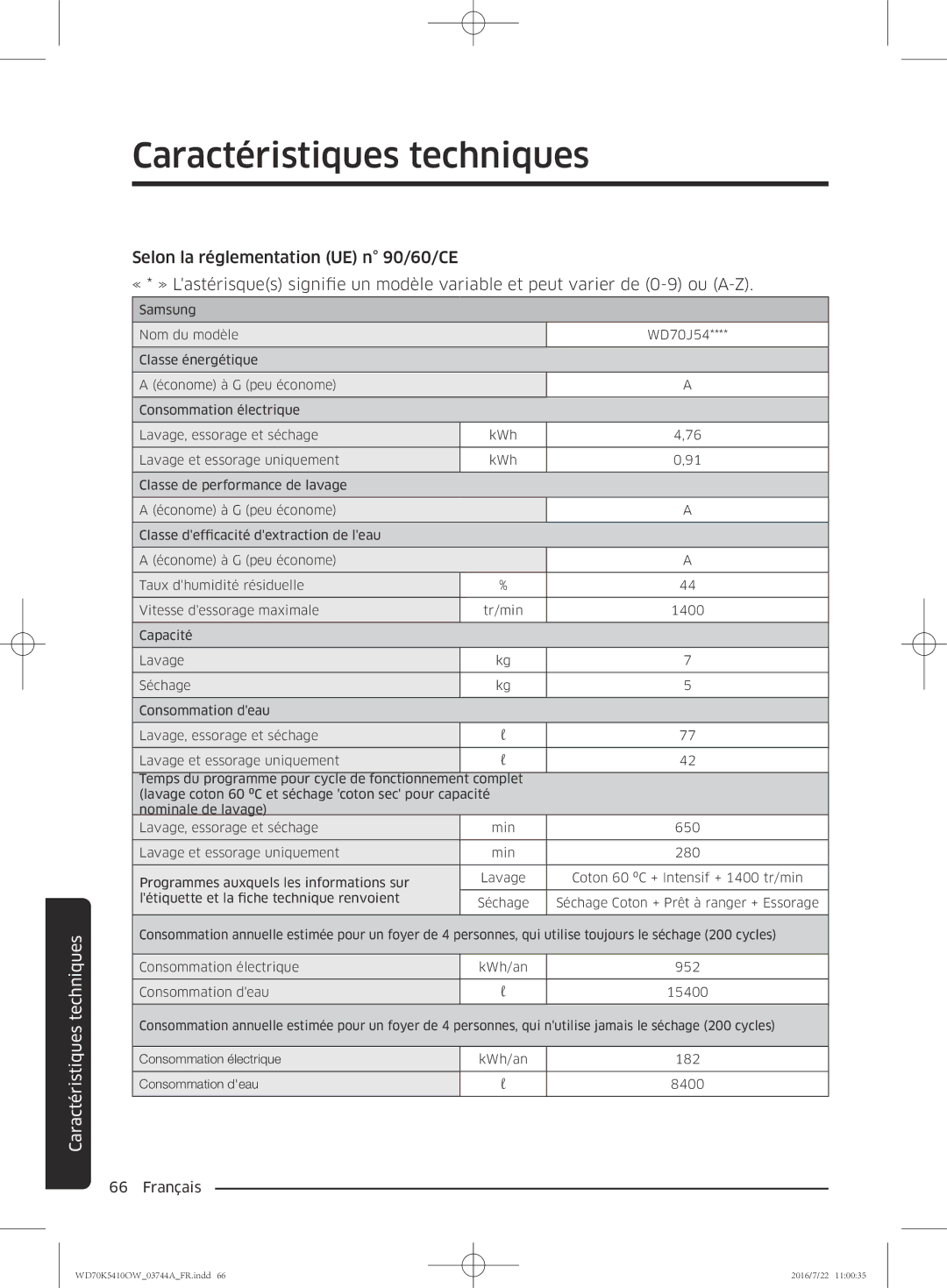 Samsung WD90K5410OW/EF, WD80K5410OW/EF, WD70K5410OW/EF, WD80K5410OX/EF manual Caractéristiques techniques 