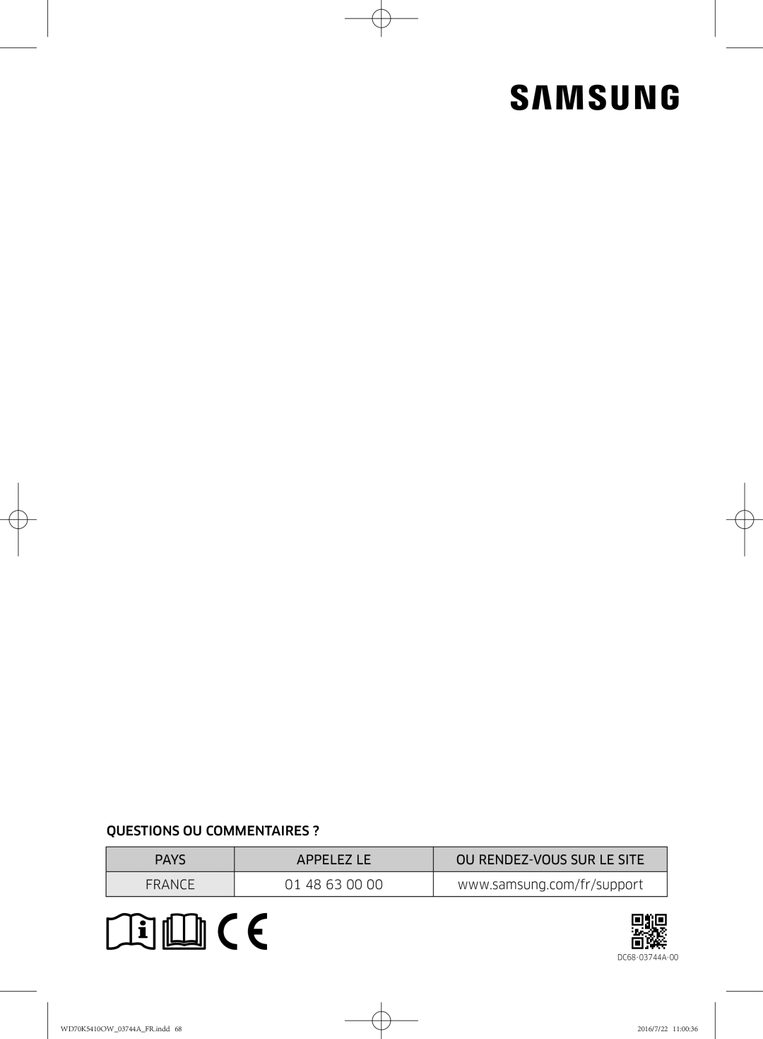 Samsung WD80K5410OW/EF, WD70K5410OW/EF, WD90K5410OW/EF, WD80K5410OX/EF manual 01 48 63 00 