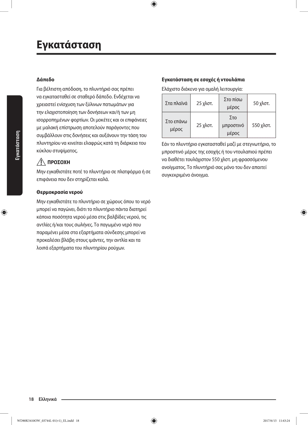 Samsung WD80K5410OW/LV manual Δάπεδο, Θερμοκρασία νερού, Εγκατάσταση σε εσοχές ή ντουλάπια 