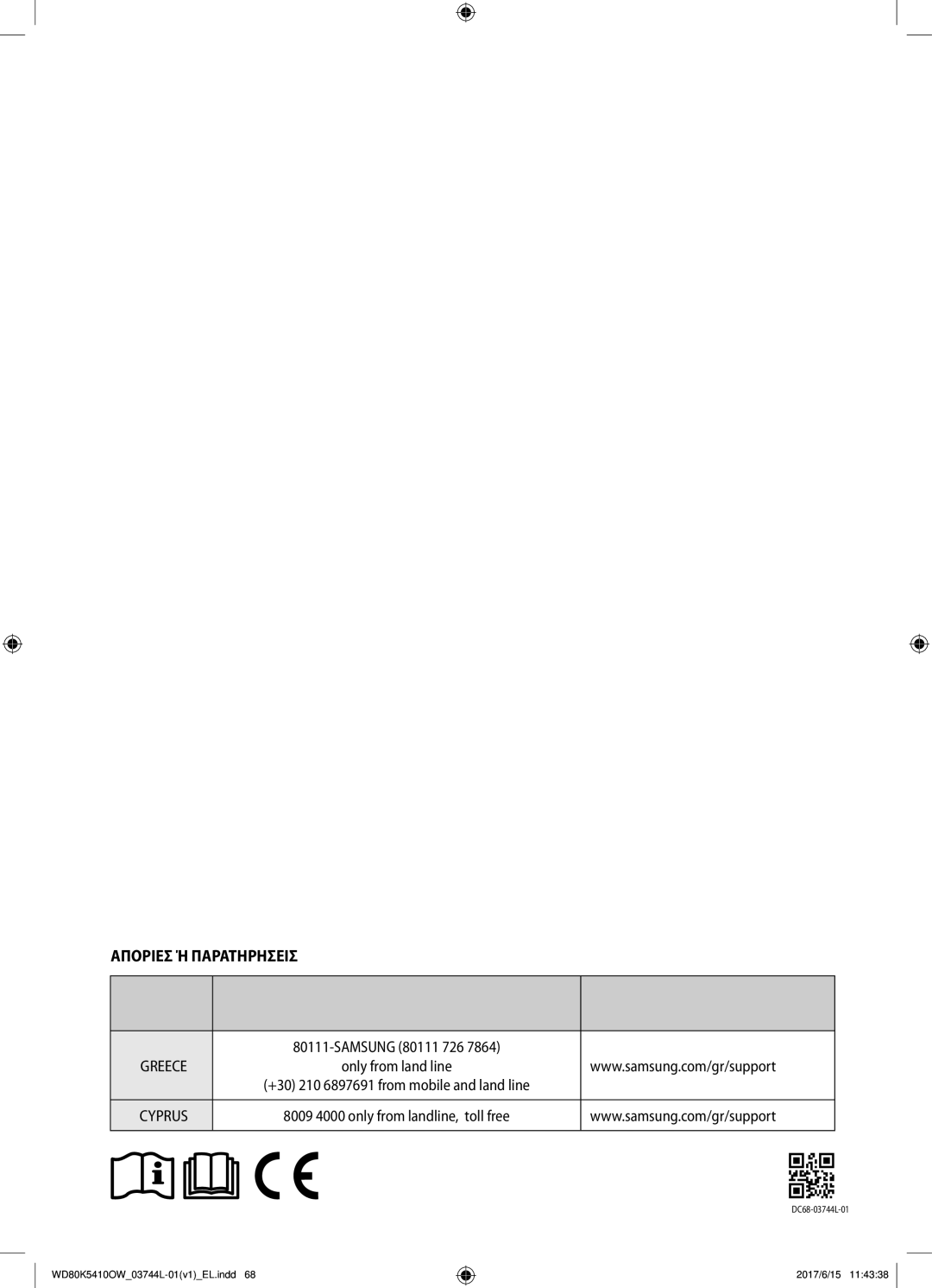 Samsung WD80K5410OW/LV manual Αποριεσ Ή Παρατηρησεισ Χωρα Καλεστε 