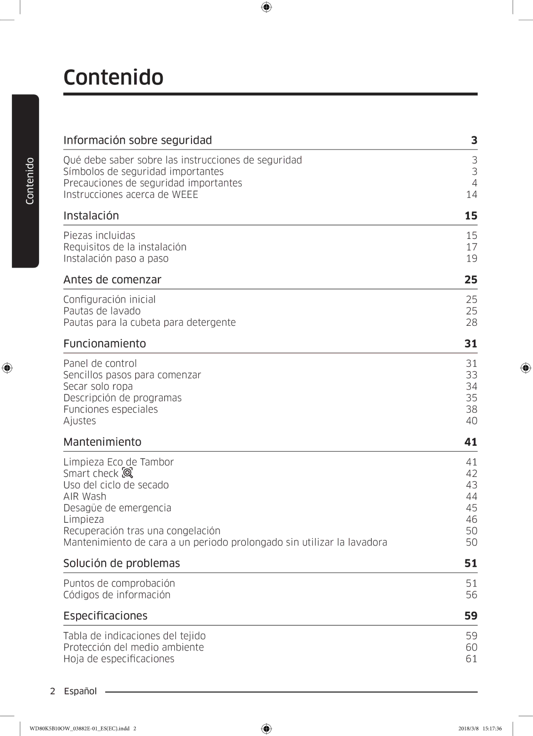 Samsung WD80K5B10OW/EC manual Contenido, Información sobre seguridad 