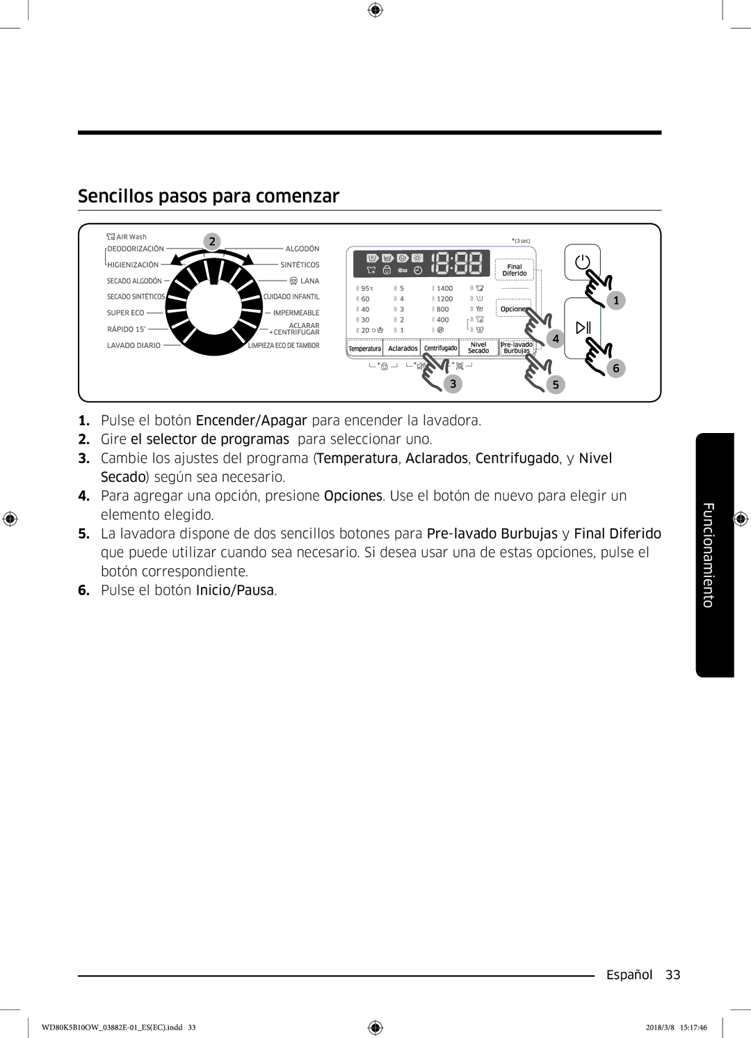 Samsung WD80K5B10OW/EC manual Sencillos pasos para comenzar 