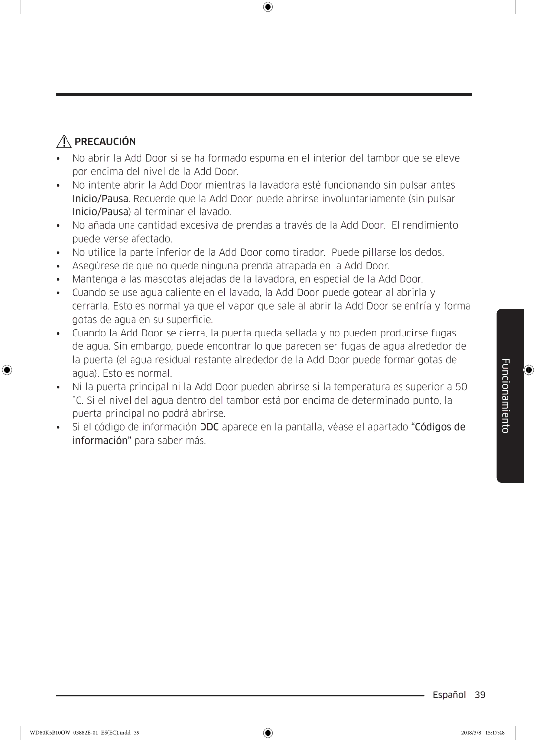 Samsung WD80K5B10OW/EC manual Precaución 