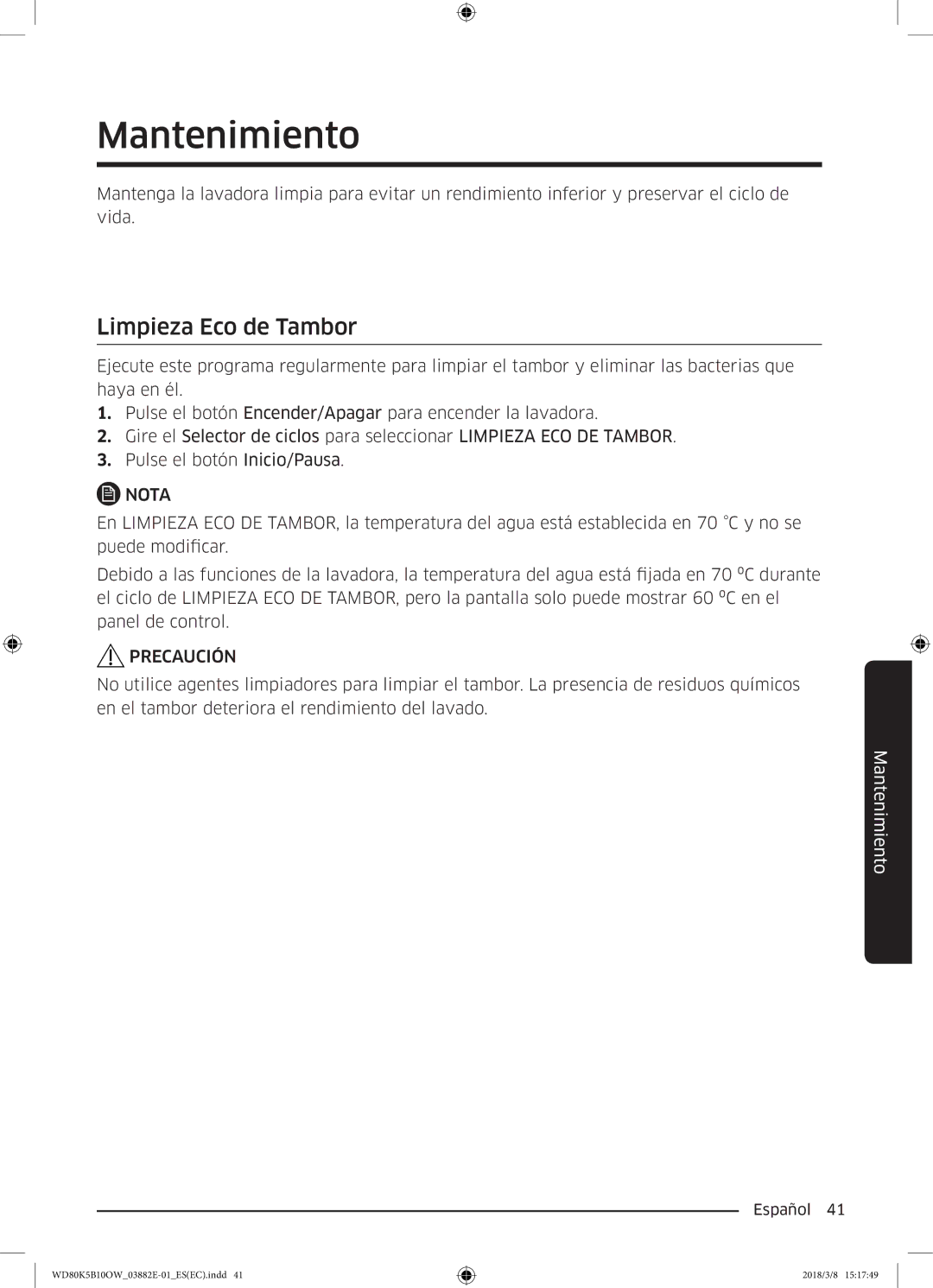 Samsung WD80K5B10OW/EC manual Mantenimiento, Limpieza Eco de Tambor 