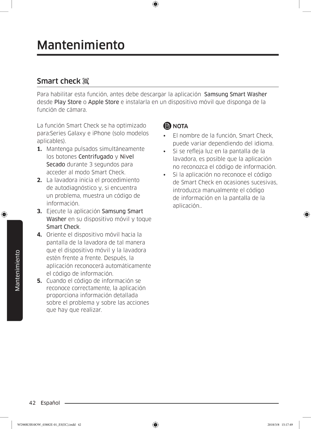 Samsung WD80K5B10OW/EC manual Smart check 