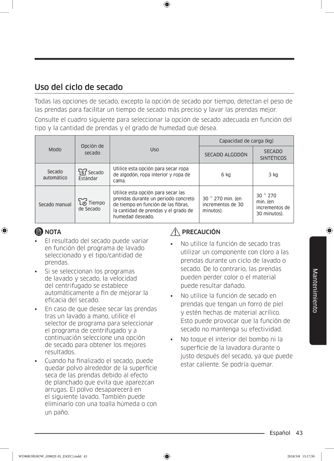 Samsung WD80K5B10OW/EC manual Uso del ciclo de secado, Sintéticos 