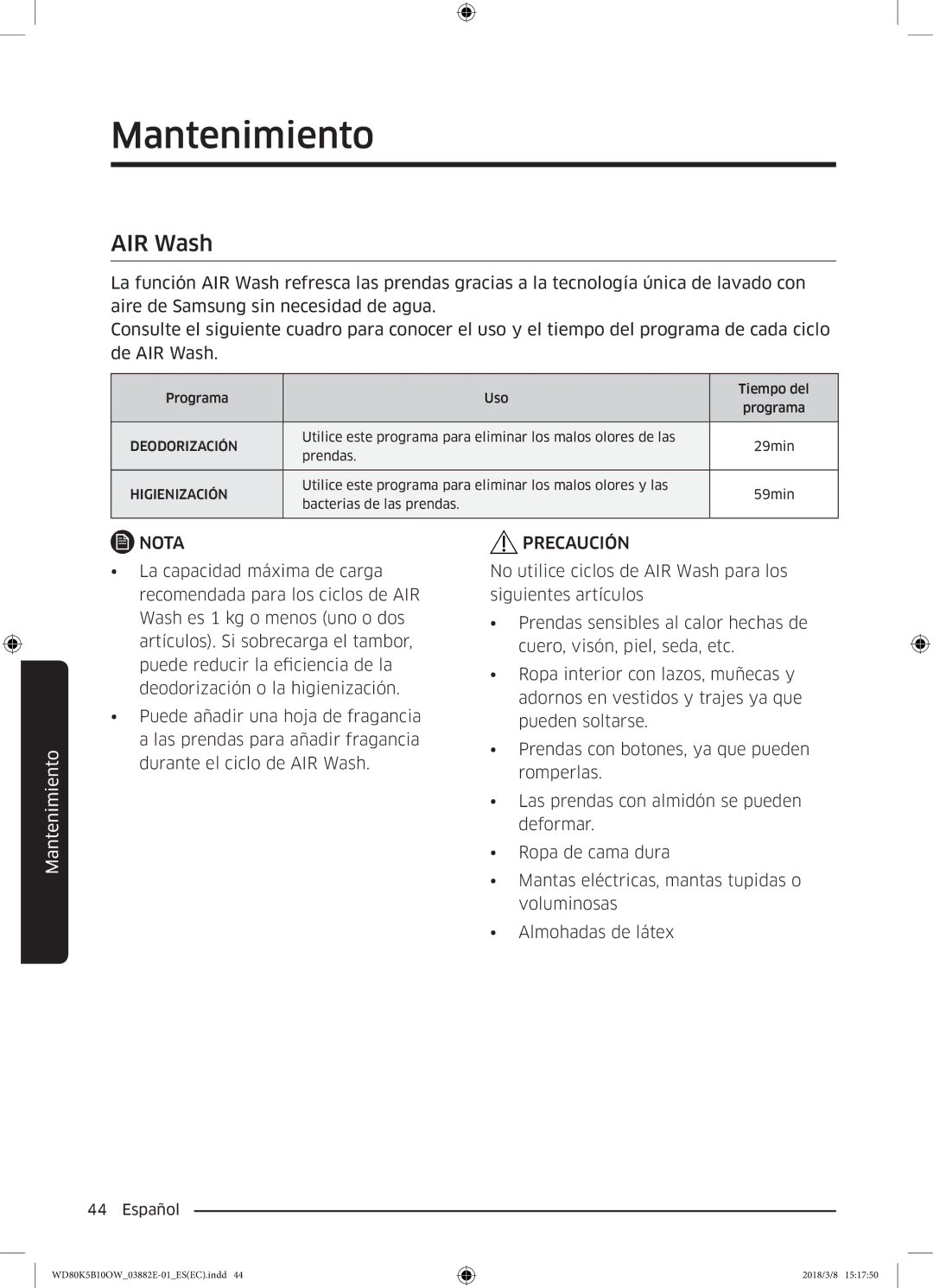 Samsung WD80K5B10OW/EC manual AIR Wash 